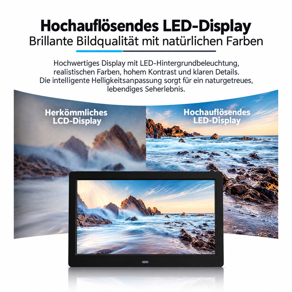 Vergleich zwischen herkömmlichem LCD-Display und hochauflösendem LED-Display mit lebendigen Farben.