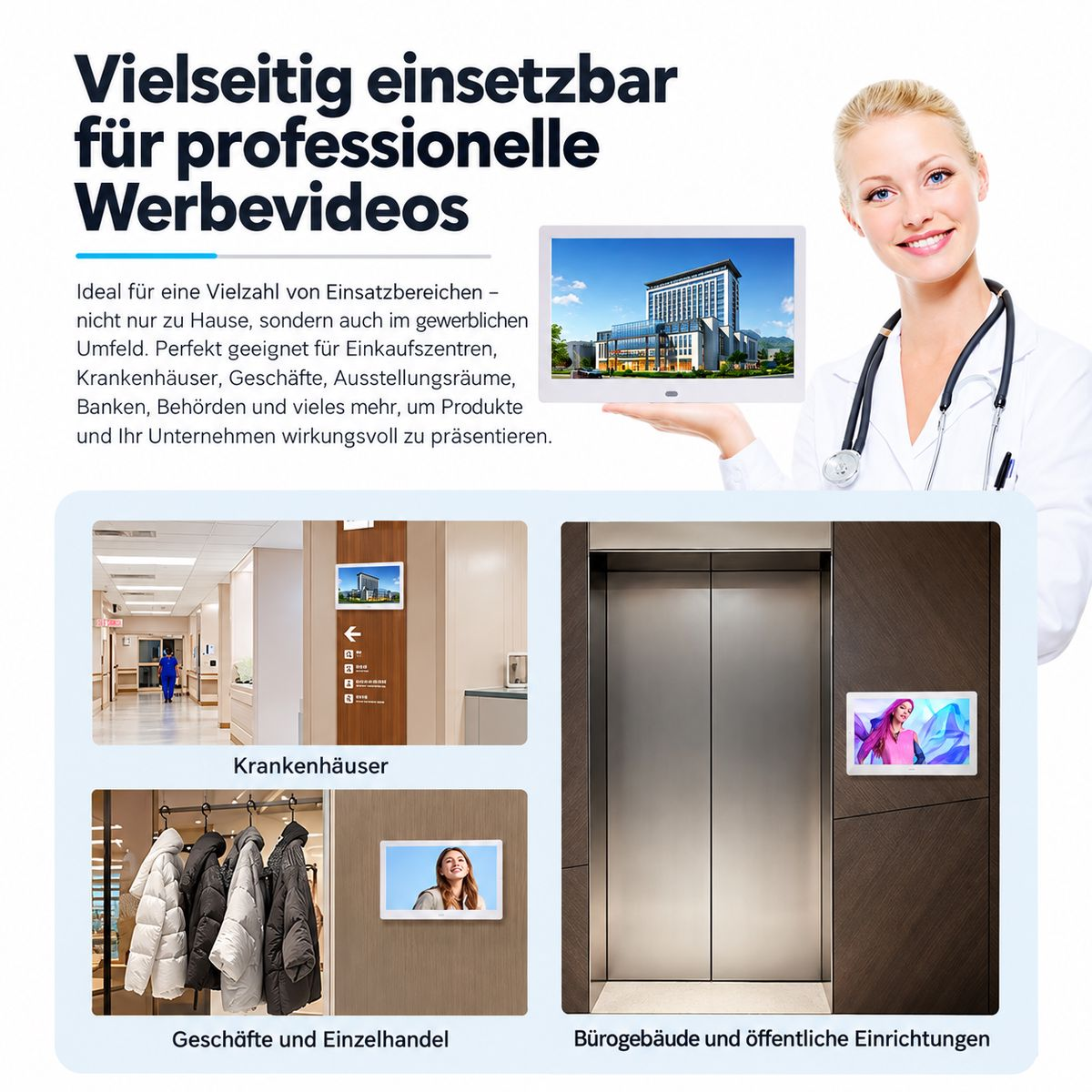 Werbung für Displays in Krankenhäusern, Geschäften und Büros mit Ärztin.
