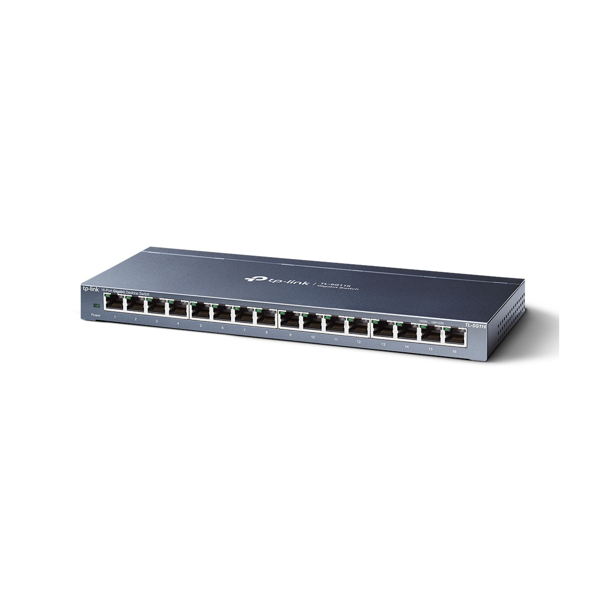 Szary 16-portowy przełącznik biurkowy Gigabit TP-Link z oznaczonymi numerami portami na białej powierzchni.