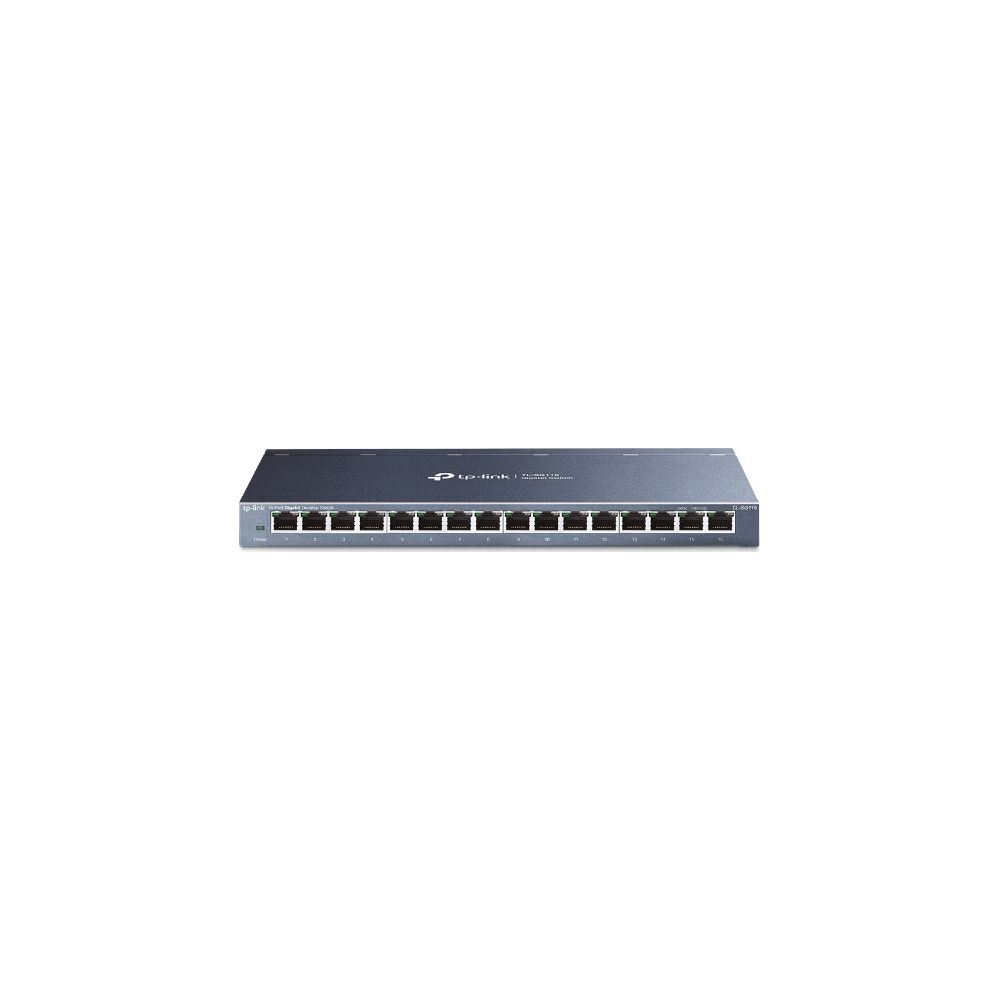 Niebieski przełącznik TP-Link Gigabit z szesnastoma portami Ethernet na białym tle.
