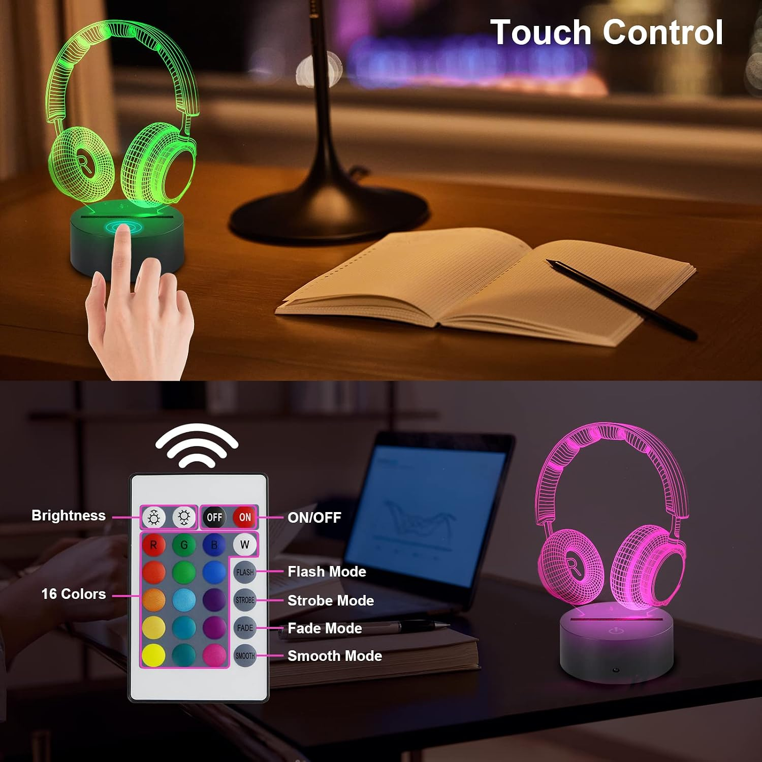 Ein 3D-Kopfhörer-Nachtlicht mit Touch-Steuerung, Fernbedienung und Farbwechseloptionen auf einem Holztisch.