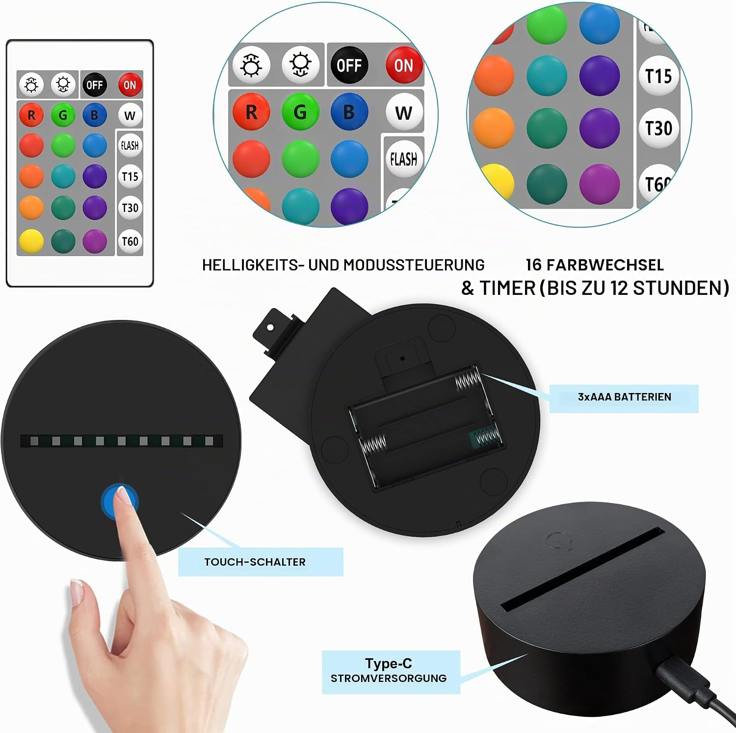 Fernbedienung und schwarzer Lampensockel mit Touch-Schalter und Batterie- oder USB-C-Stromversorgung.