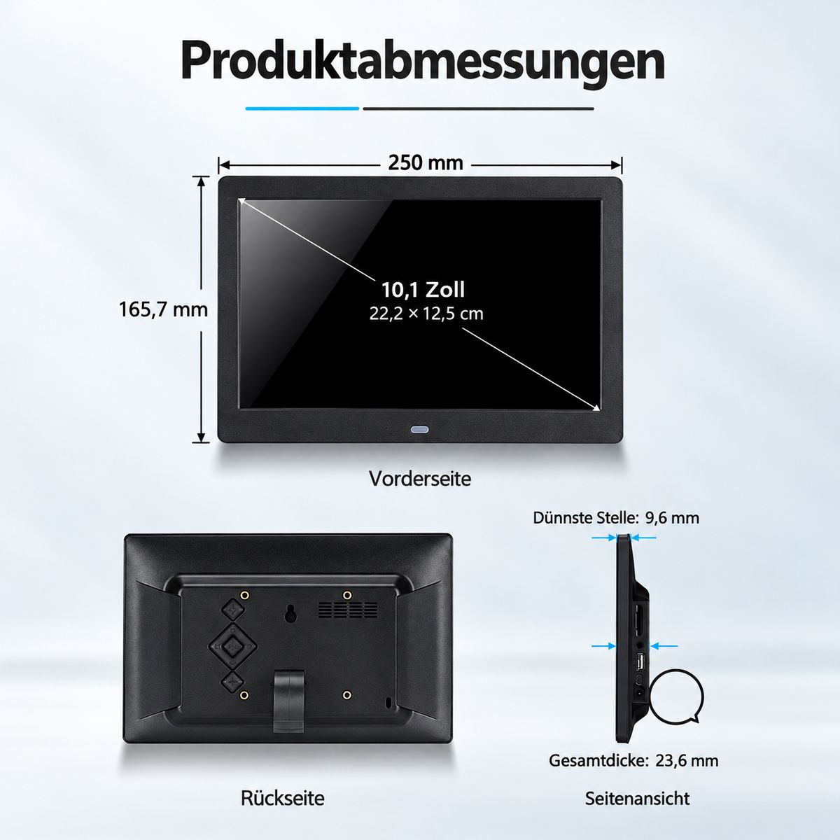 Technische Zeichnung mit Produktabmessungen eines 10,1 Zoll Monitors von vorne, hinten und der Seite.