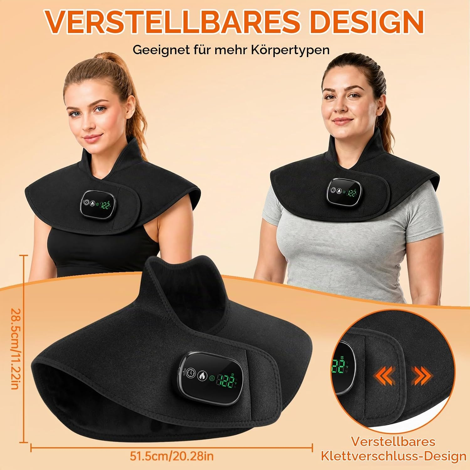 Zwei Frauen tragen eine verstellbare, schwarze Heizweste mit einem digitalen Display.