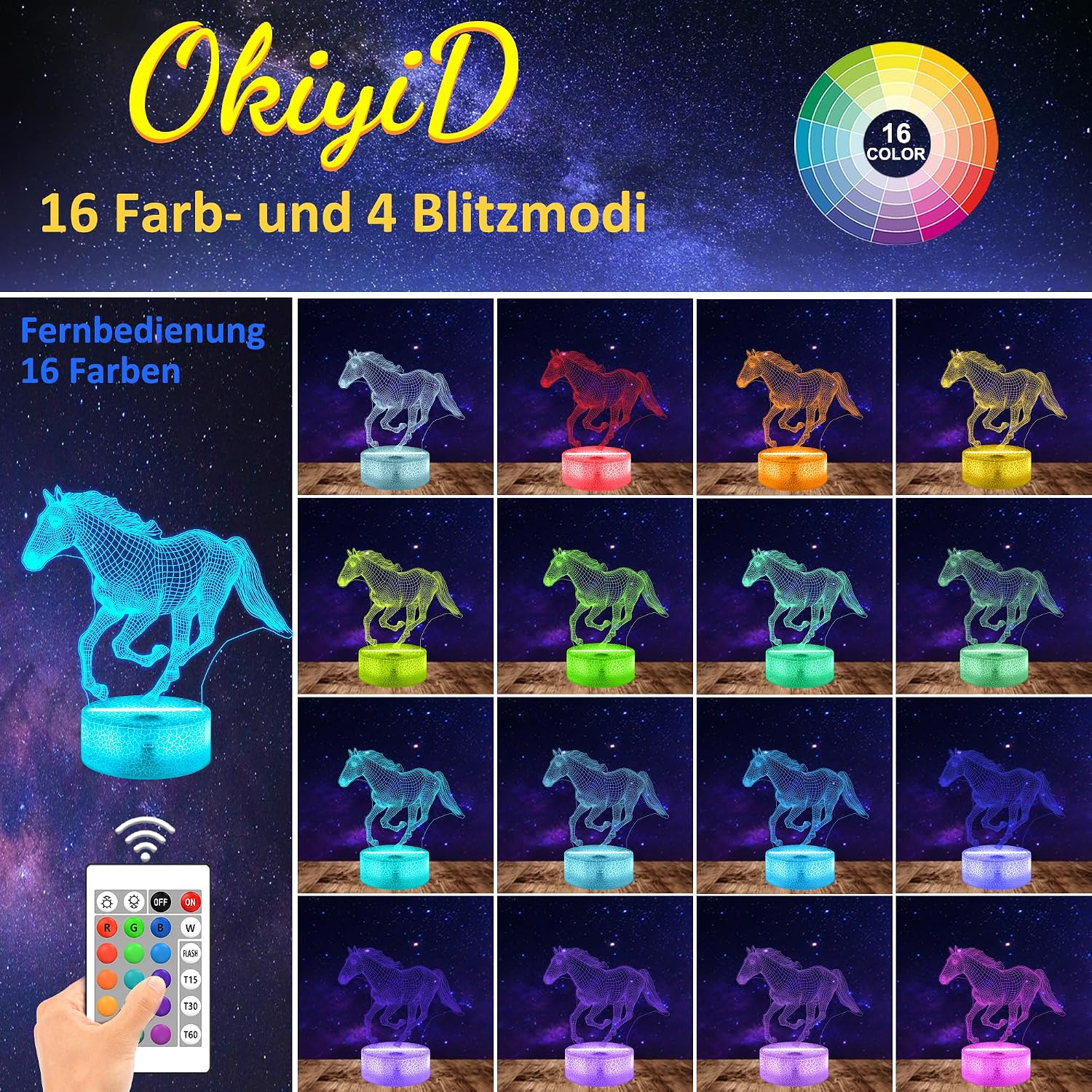 Eine OkiyiD 3D-Pferdelampe mit Fernbedienung und 16 verschiedenen Lichtfarben.