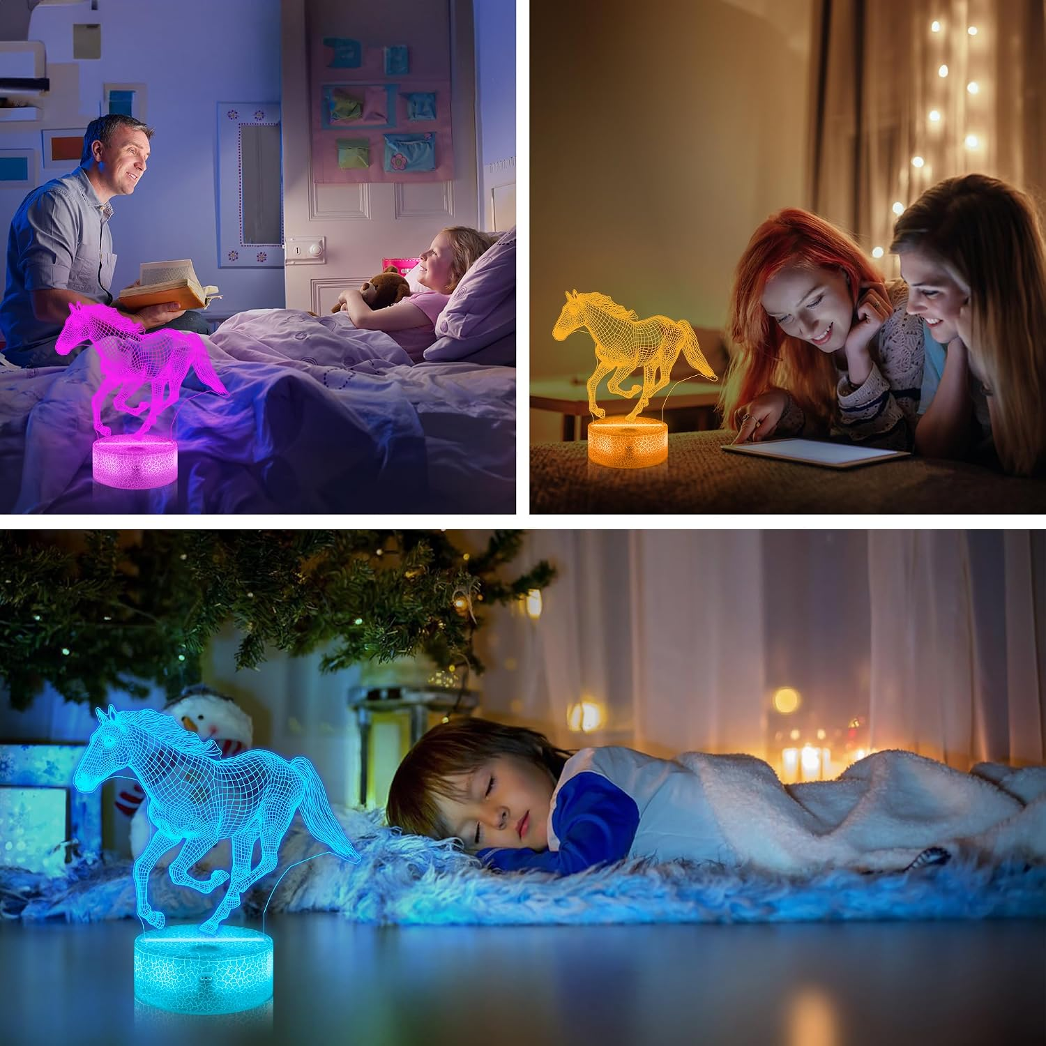 Ein glowing 3D-Pferdelicht steht auf Tischen und in Schlafzimmern bei Personen.