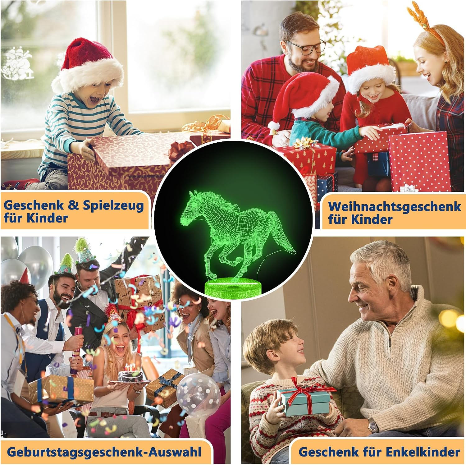 Verschiedene Szenen von Familien und Kindern, die Geschenke öffnen, und eine grüne 3D-Pferdelampe in der Mitte.