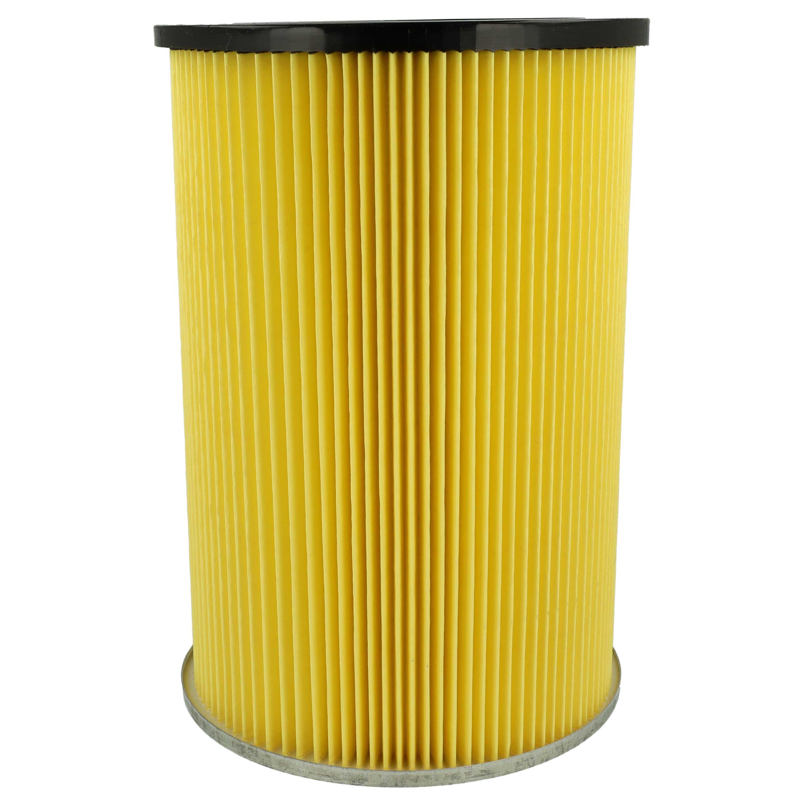 Ein zylindrischer gelber Faltenfilter mit schwarzer Kappe und Metallsockel isoliert auf weissem Hintergrund.