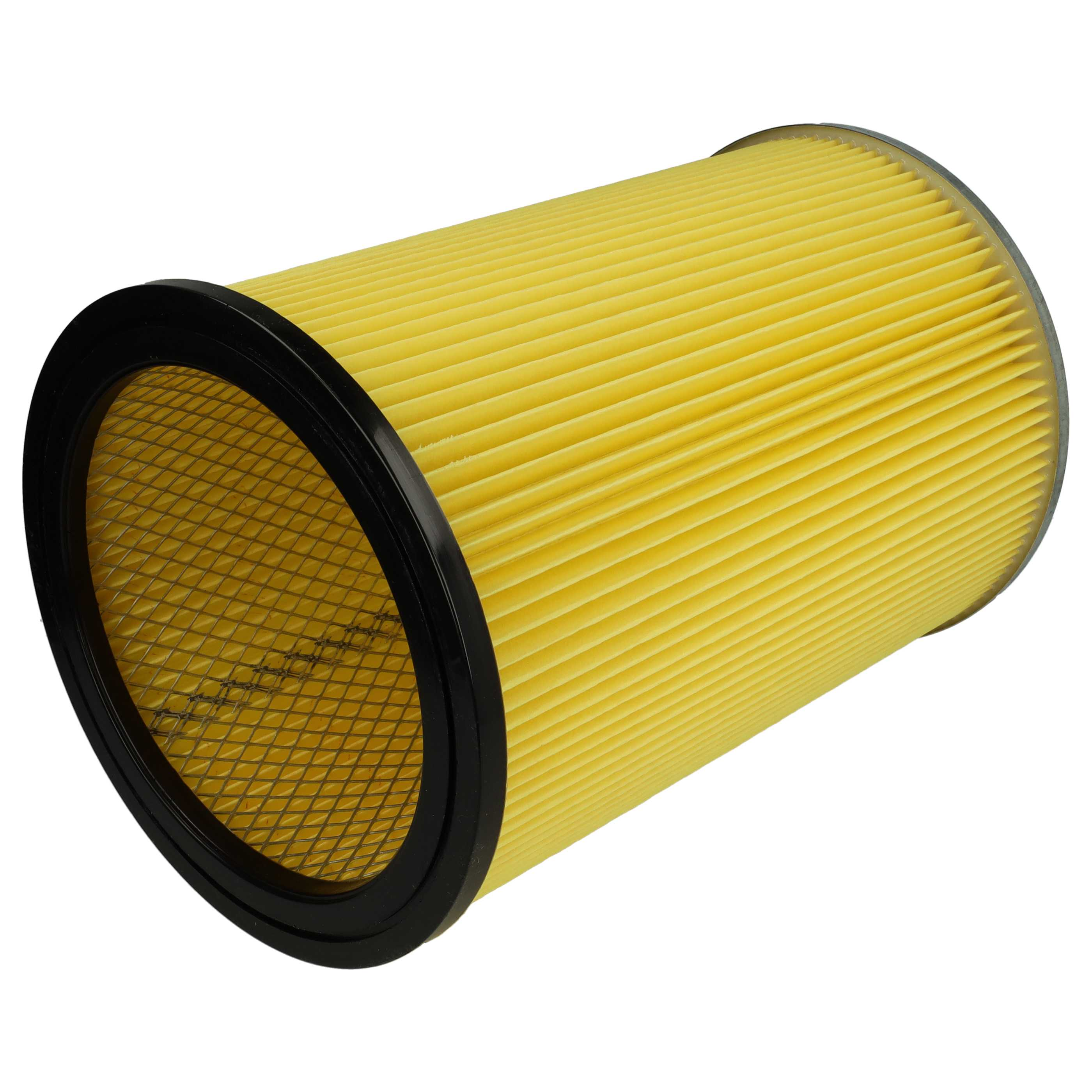 Ein zylindrischer gelber Papierluftfilter mit schwarzen Endkappen und einem inneren Metallgitter auf weißem Hintergrund.