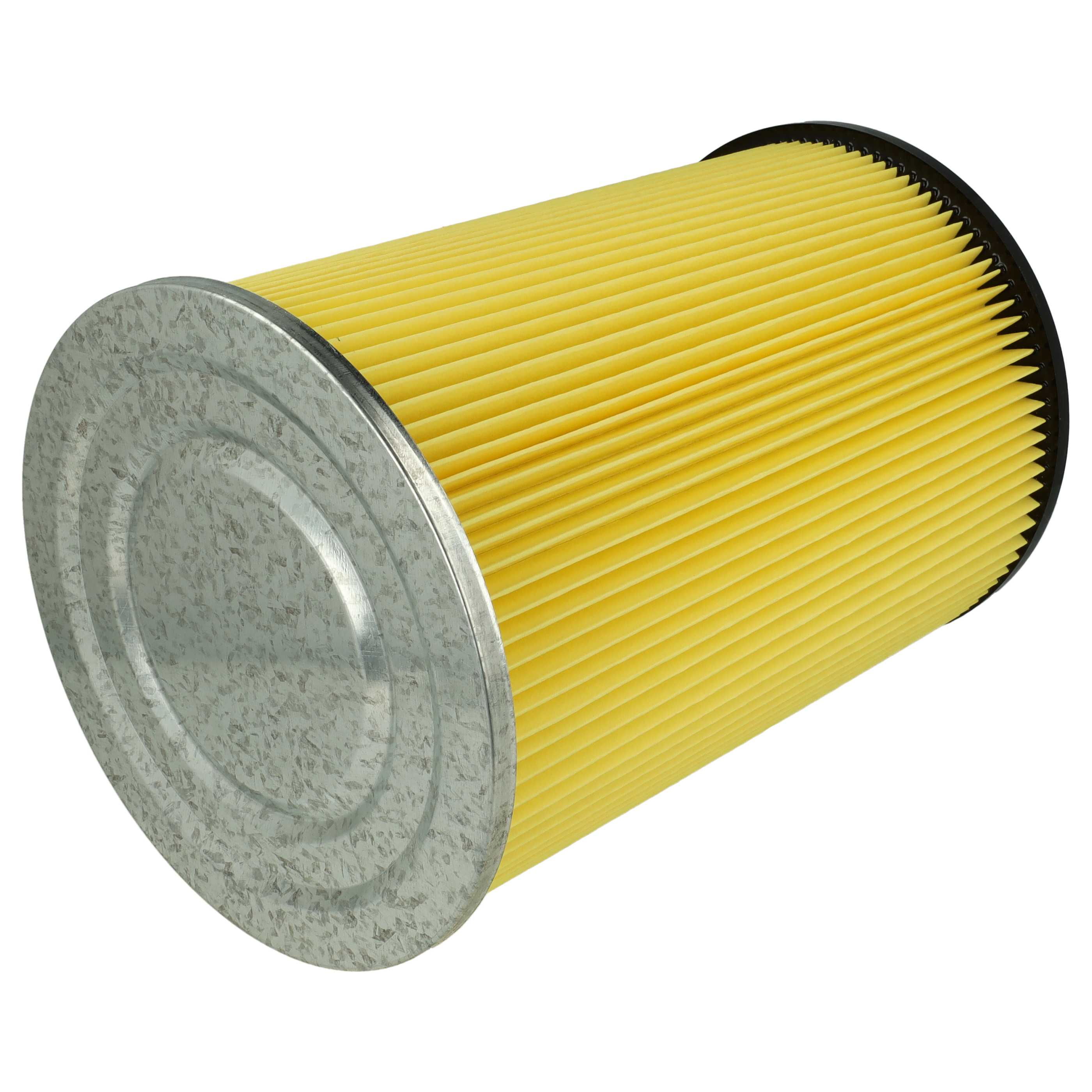 Zylindrischer gelber Papierluftfilter mit silbernen Metallkappen an beiden Enden auf weiBem Hintergrund.