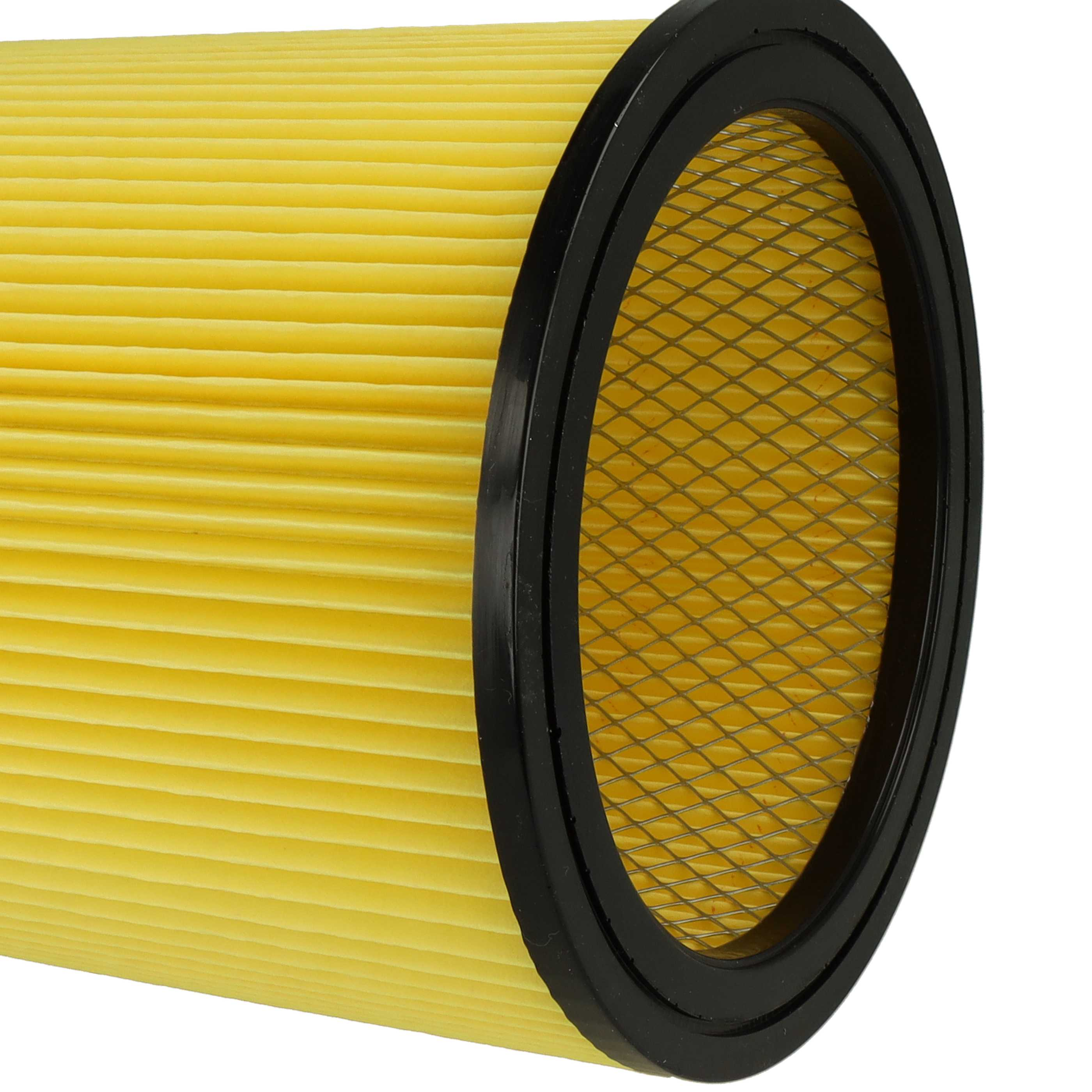 Ein zylindrischer gelber Papierluftfilter mit schwarzem Rand und Metallnetz im Inneren.