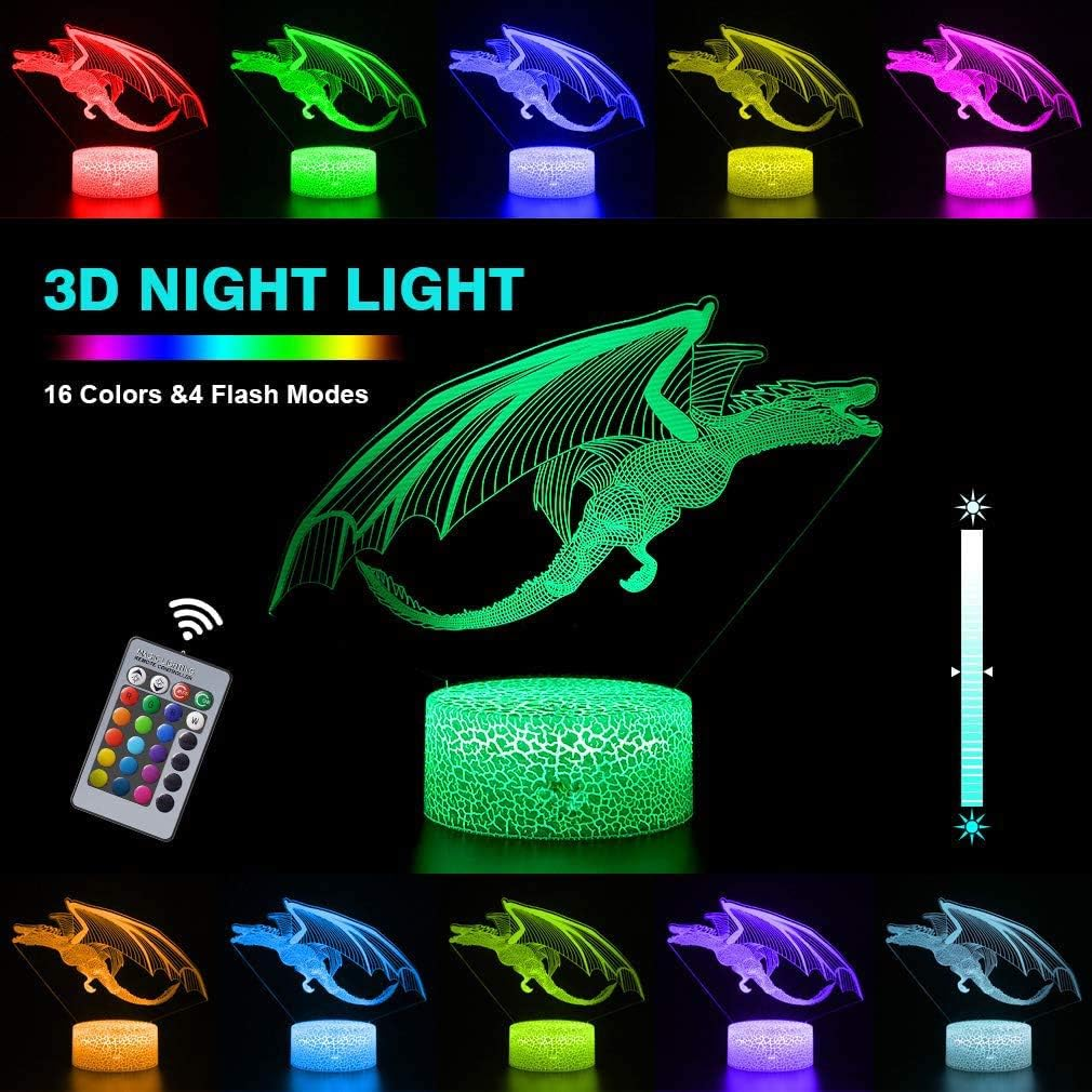 Ein 3D-Drachen-Nachtlicht mit Farbwechseloptionen, Fernbedienung und Helligkeitsregler.