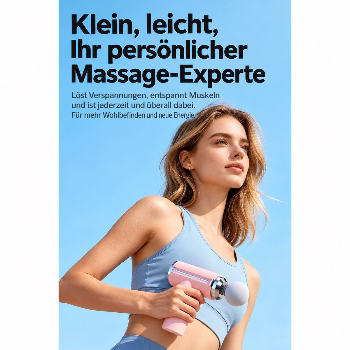 Eine blonde Frau hält eine pinke Massagepistole vor einem blauen Himmel, begleitet von deutschem Werbetext.