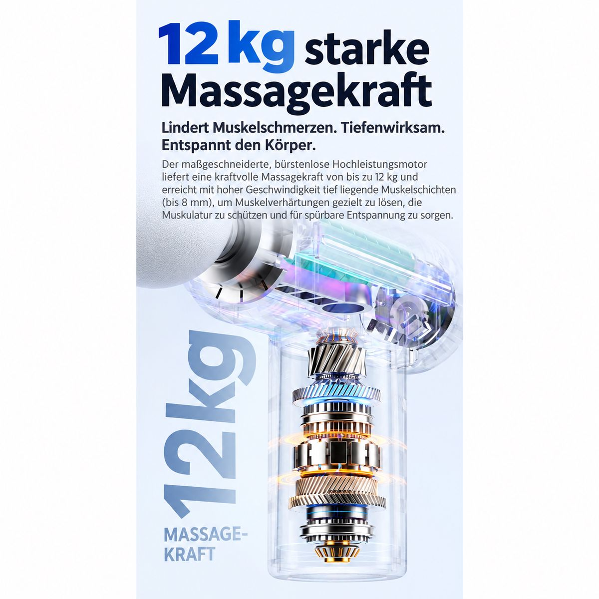 Durchsichtige Massagepistole mit sichtbarem Motor und Zahnrädern, dazu deutscher Werbetext.
