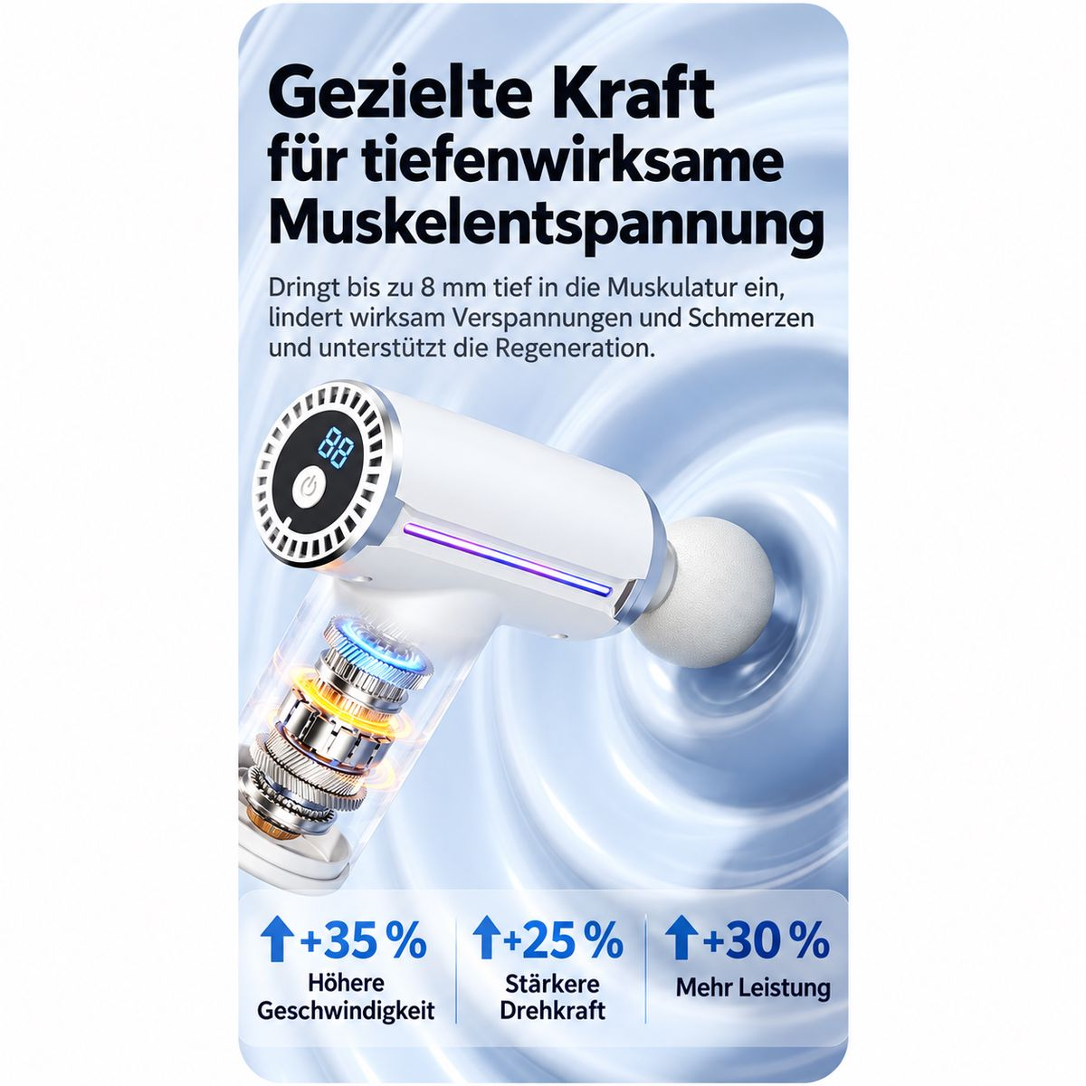 Weiße Massagepistole mit digitalem Display und sichtbarem Innenleben auf blauem Hintergrund mit deutschem Text.