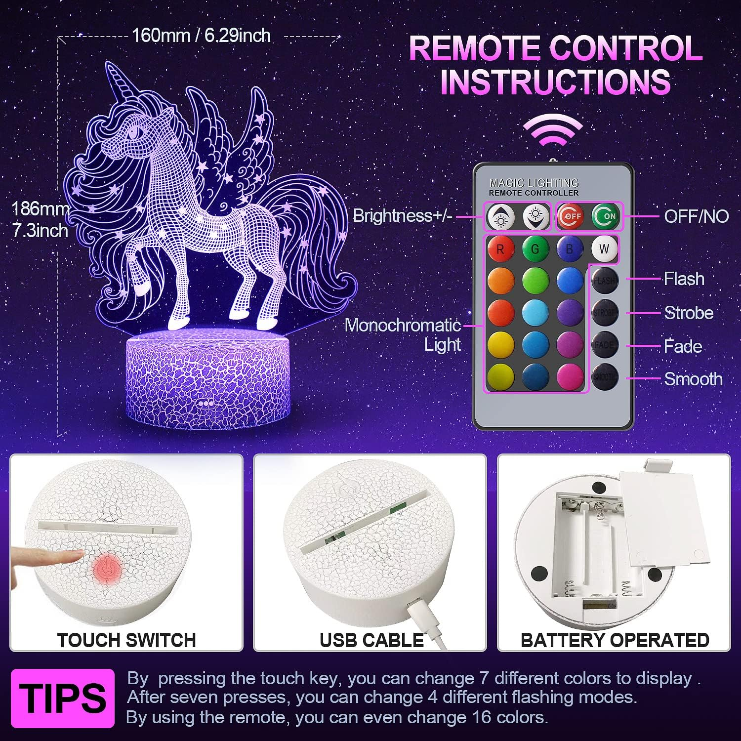 Einhorn 3D-Nachtlicht mit Fernbedienung, Maßen, Touch-Schalter, USB-Kabel und Batteriefach auf einem violetten Hintergrund.