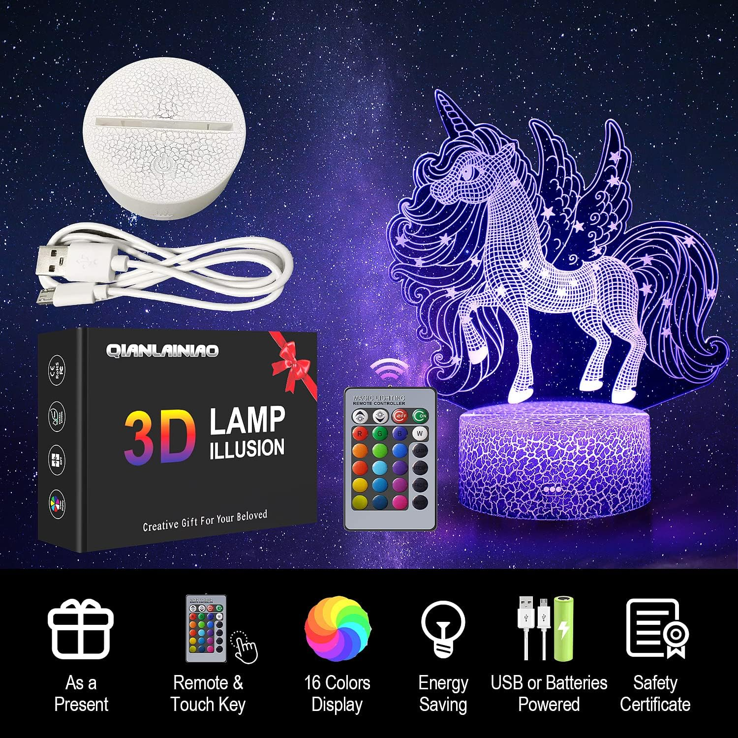 Eine 3D-Einhorn-Illusionslampe mit Fernbedienung, Basis, USB-Kabel, Box und Funktionssymbolen vor Sternenhintergrund.