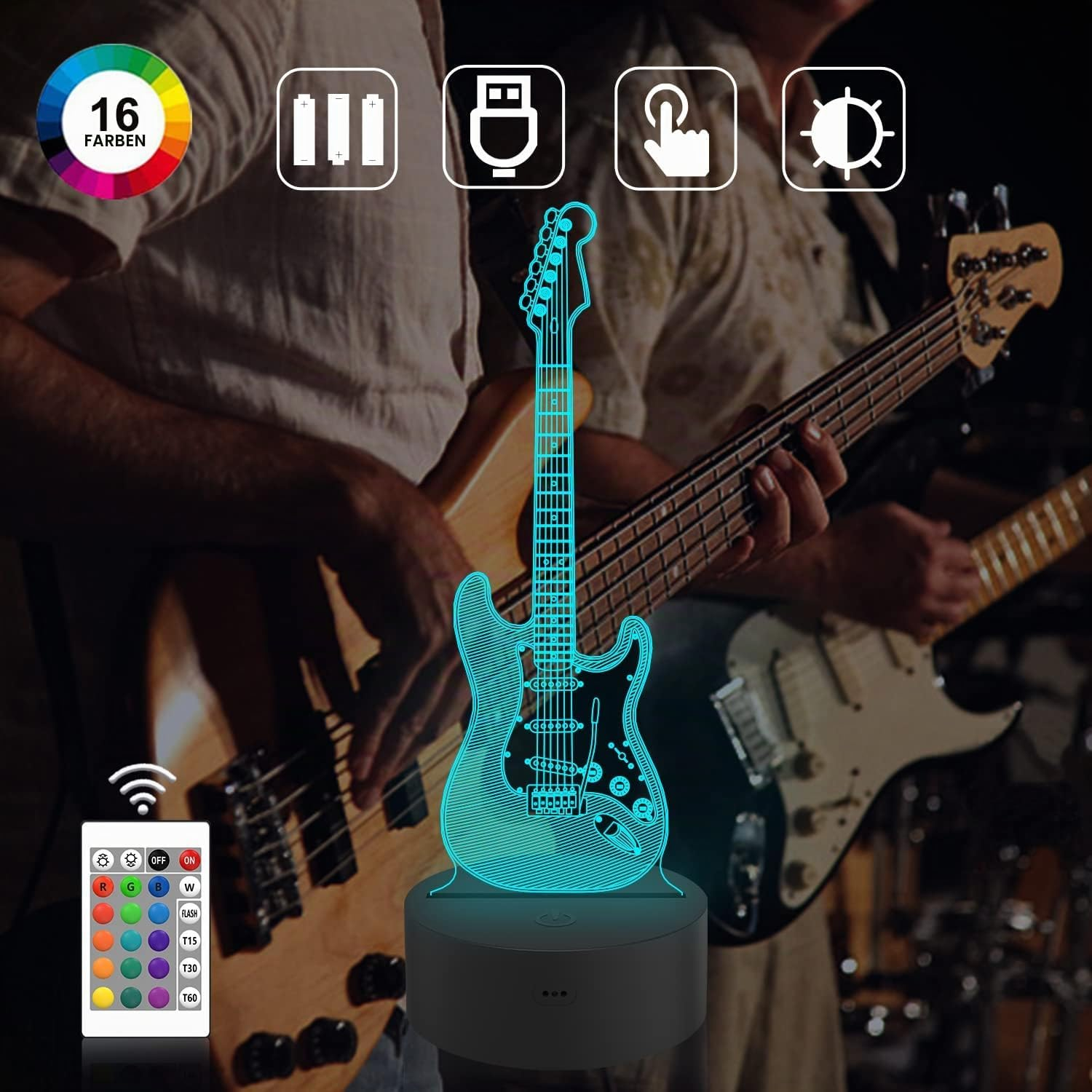 Blaue 3D-Gitarrenlampe mit Fernbedienung vor Musikern.