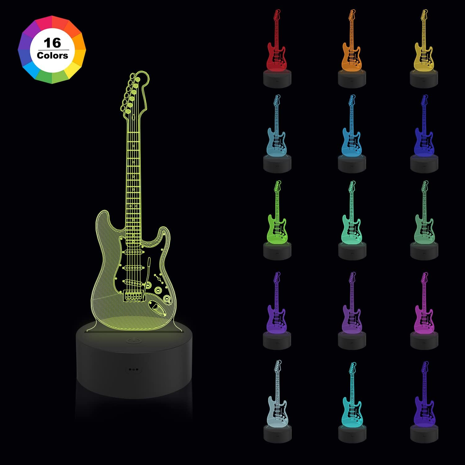 Ein leuchtendes gitarrenförmiges Acryl-Nachtlicht vor schwarzem Hintergrund mit Beispielen seiner 16 Farben.