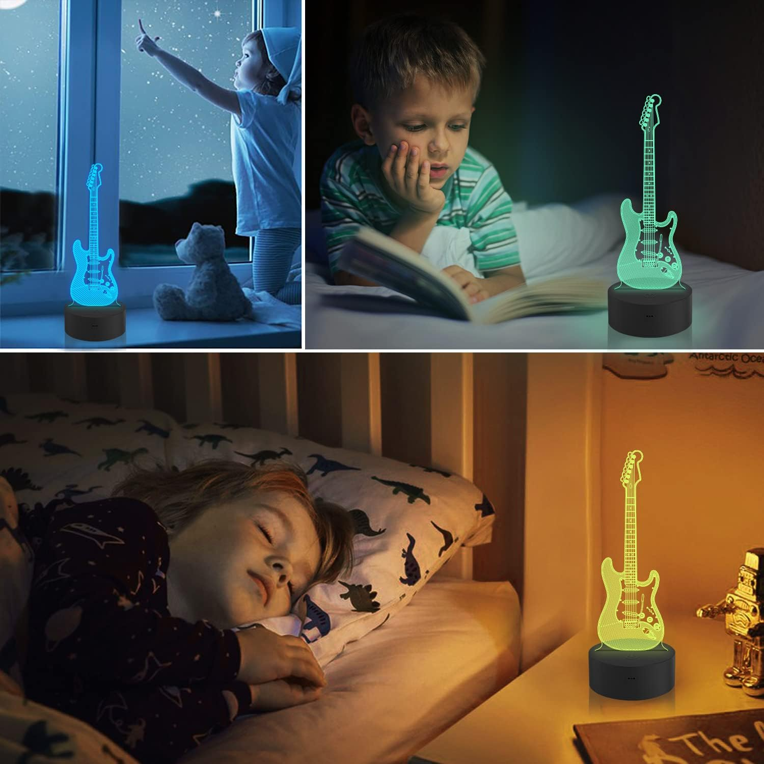 Collage von Kindern mit einem leuchtenden gitarrenförmigen Nachtlicht auf Nachttischen in dunklen Schlafzimmern.