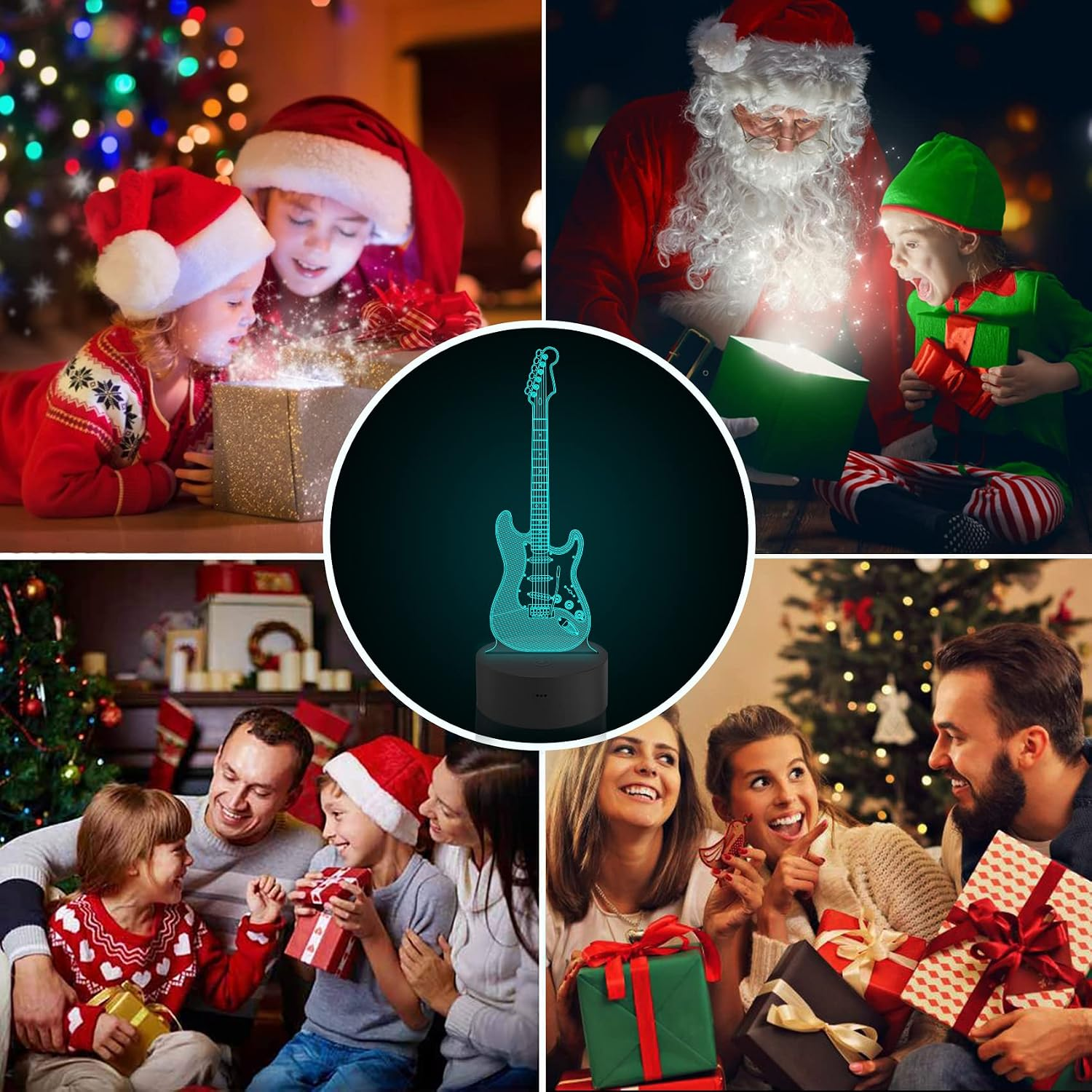 Collage von Weihnachtsszenen, in der Mitte eine Gitarren-Nachtlampe.