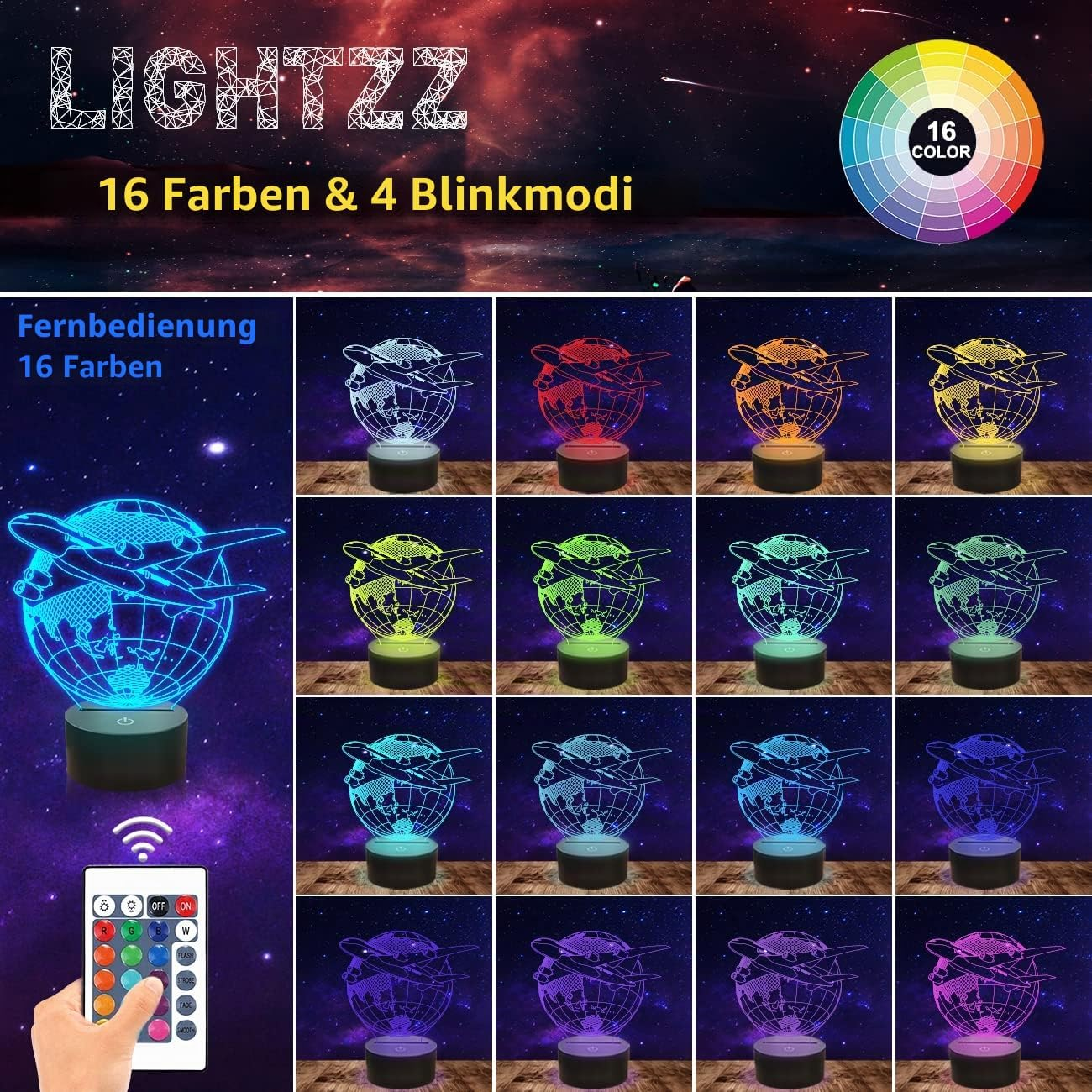 Ein 3D-Nachtlicht in Flugzeug- und Globusform mit 16 Farben, Fernbedienung und Farbkreis.