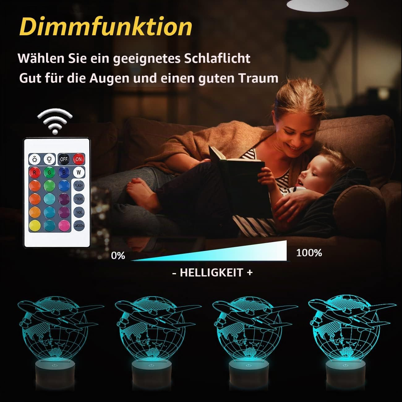 Eine Frau liest einem Kind auf dem Sofa vor, daneben eine Fernbedienung und vier leuchtende Flugzeug-Lampen.