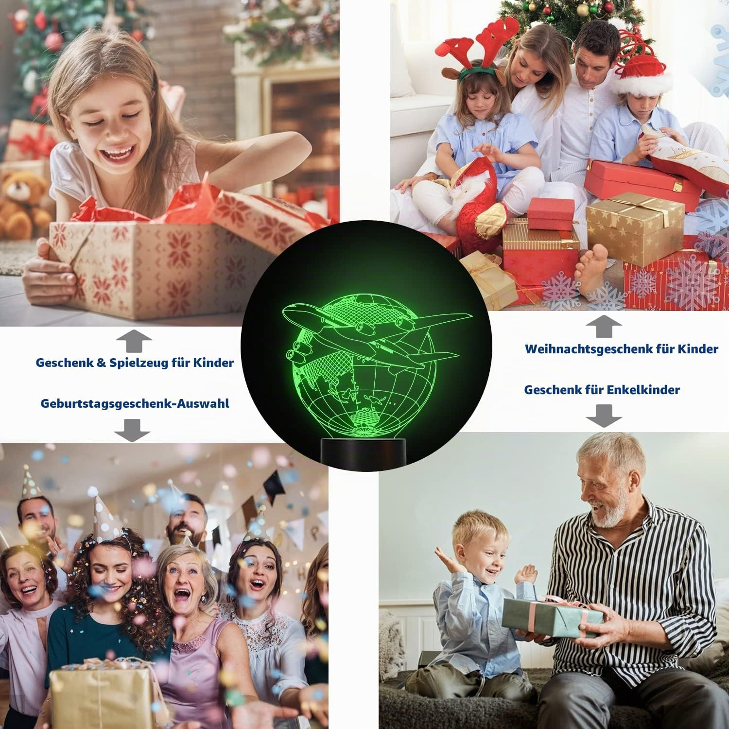 Ein leuchtendes 3D-Weltkugel- und Flugzeug-Nachtlicht, umgeben von Bildern glücklicher Kinder und Familien, die Geschenke auspacken.