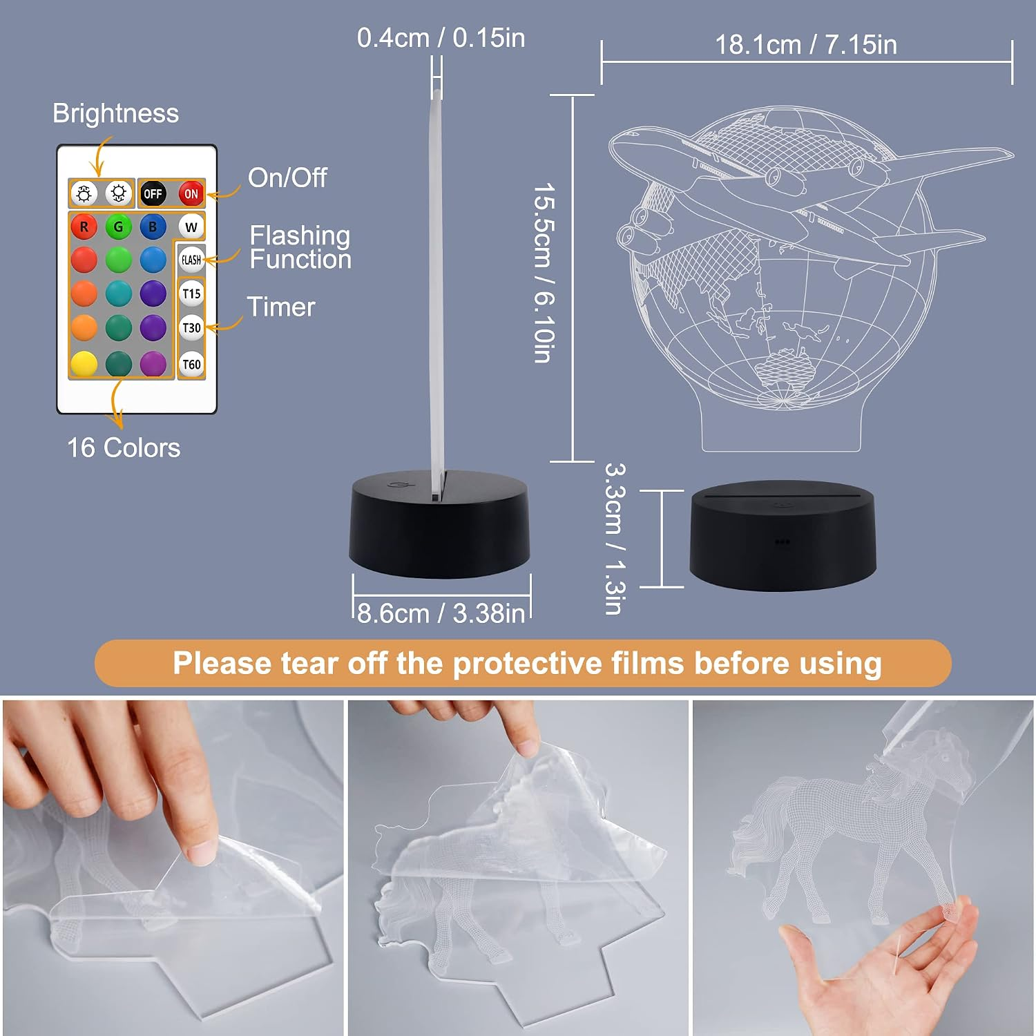 Technische Zeichnung mit 3D-Acryl-Nachtlicht, Fernbedienung, Maßen und Anleitung zum Abziehen der Schutzfolie.