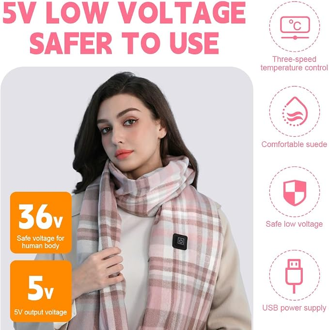Eine Frau trägt einen rosa karierten Schal mit USB-Heizung und Text über Niederspannung.