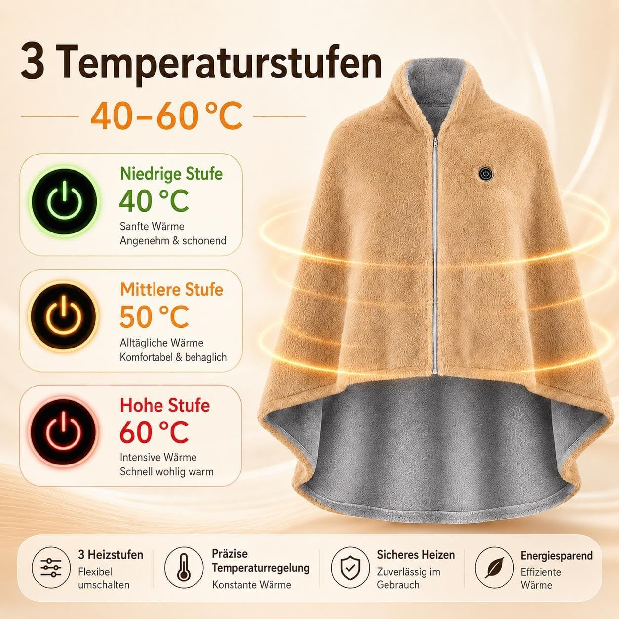 Beigefarbene beheizbare Fleece-Weste mit drei Temperaturstufen und Funktionen.