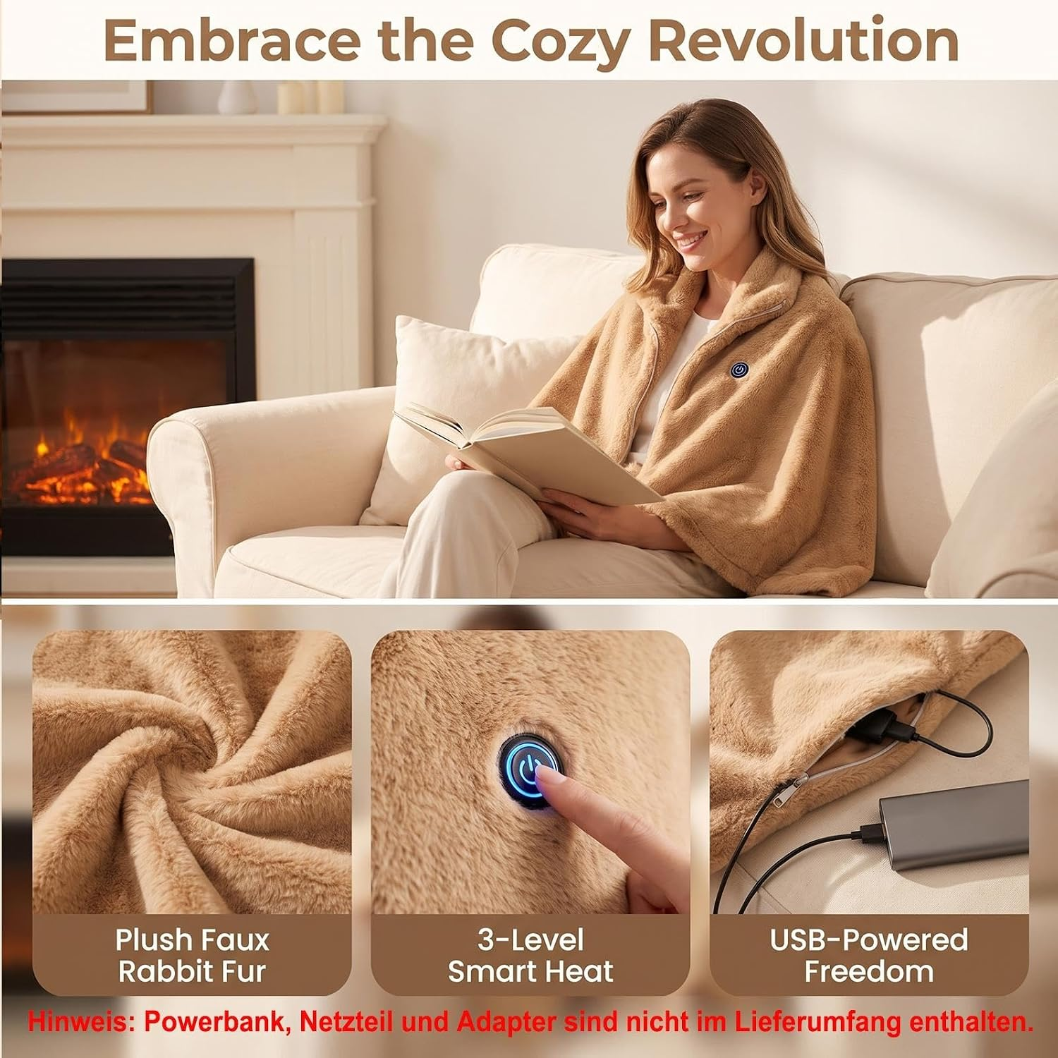Eine Frau liest auf einem Sofa, mit Detailbildern von Plüschstoff, Ein-Schalter und USB-Powerbank.