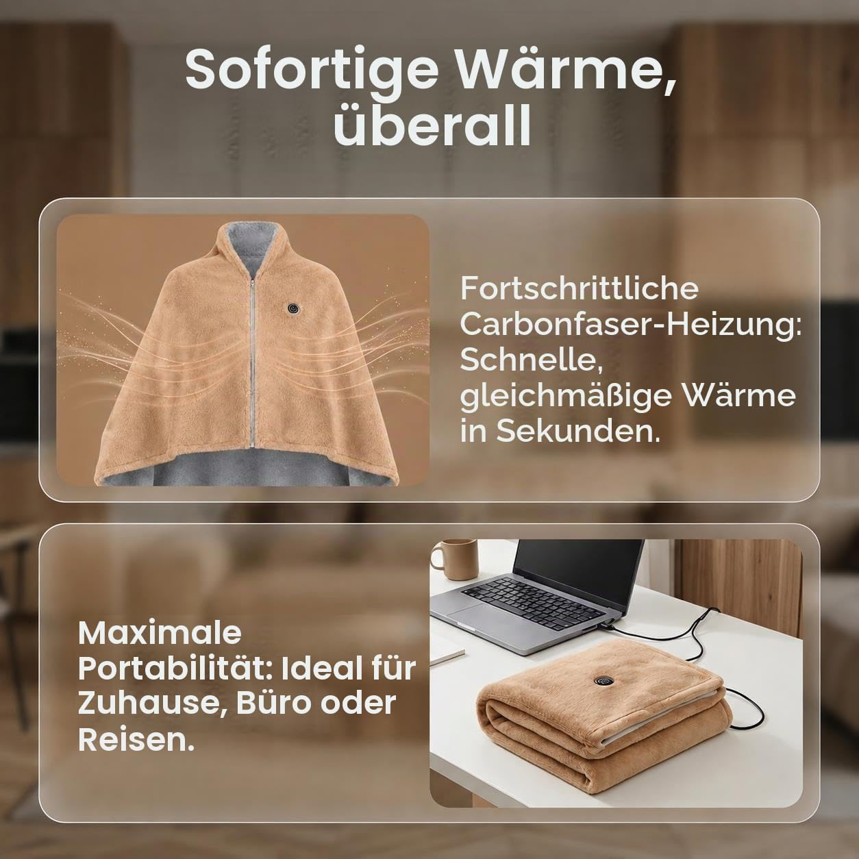 Werbebild für eine beheizbare Fleece-Decke mit Kohlefaser-Heizung, ideal für zu Hause und unterwegs.