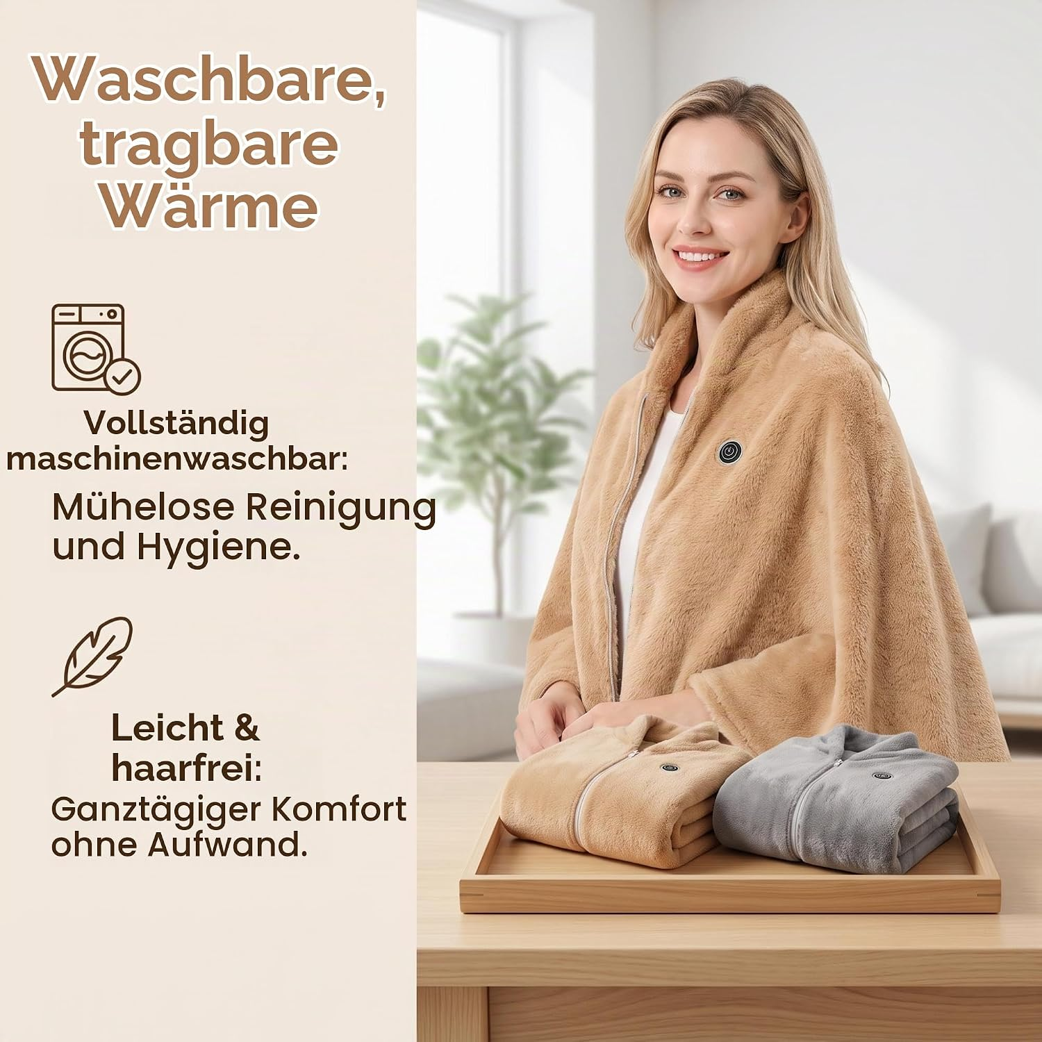 Eine Frau trägt einen beigen Wärmemantel, auf dem Tisch liegen zwei gefaltete Mäntel in Beige und Grau.