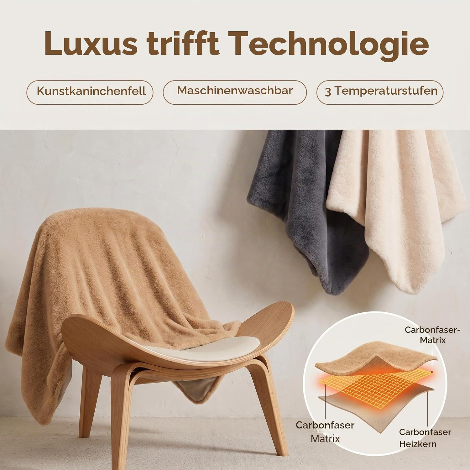 Luxuriöse Heizdecke auf Holzstuhl mit Stoffschichten-Diagramm.
