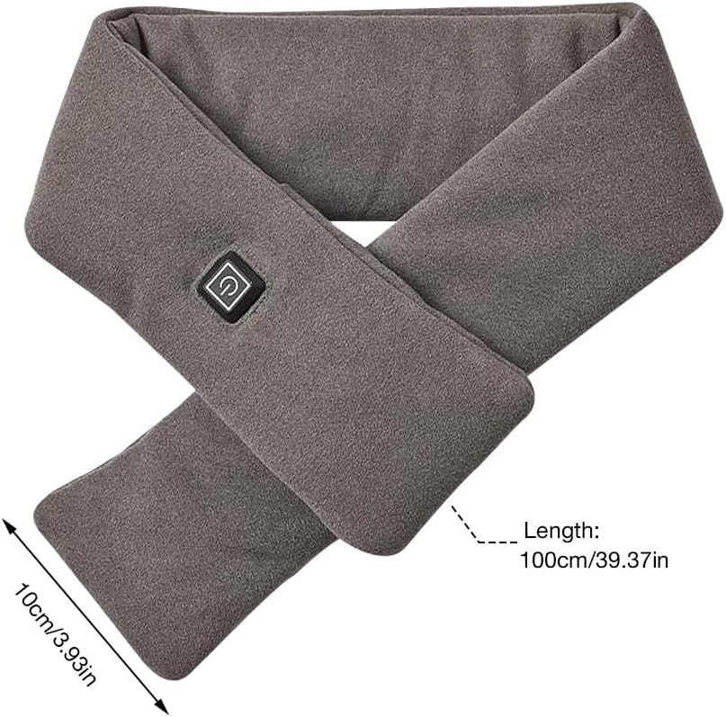Grauer, weicher Heizeinsatzschal mit schwarzem Power-Knopf und Maßen von 100x10 cm.