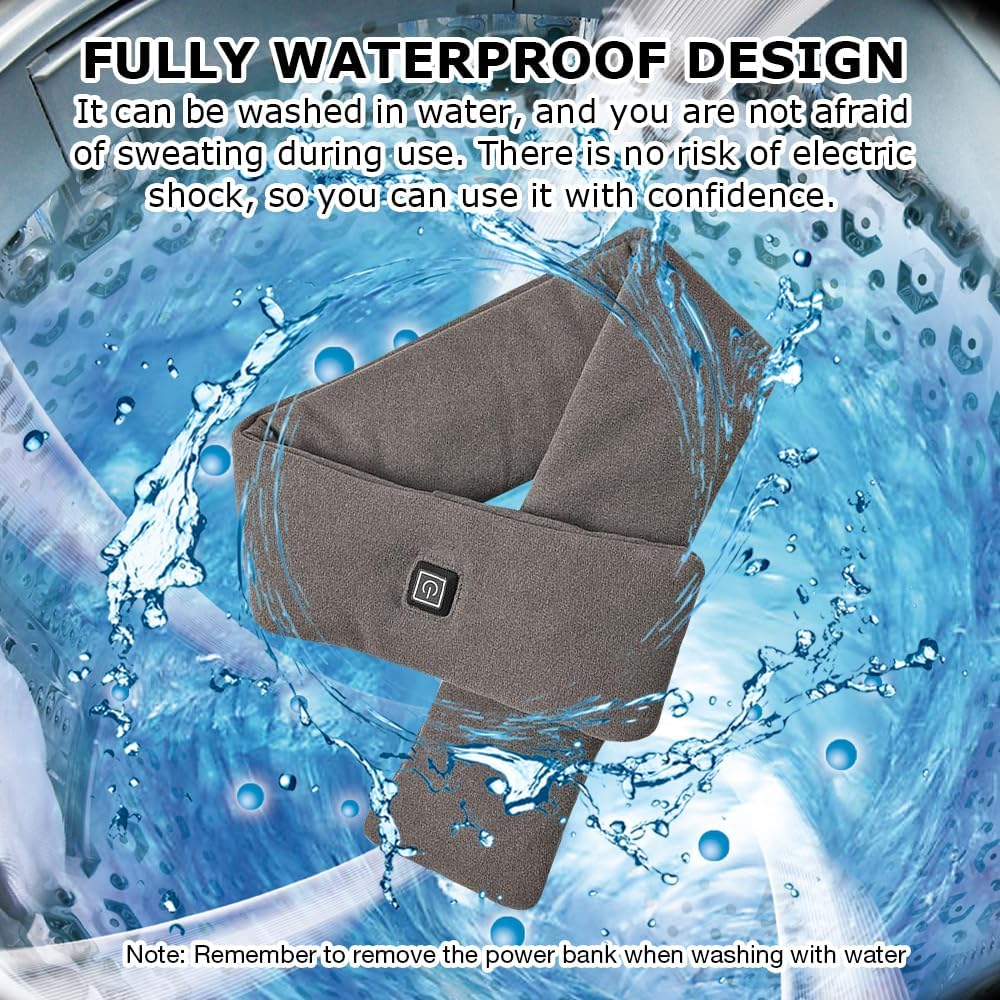 Ein wasserdichter grauer Heizschal im Wasser einer Waschmaschine, der sein waschbares Design zeigt.
