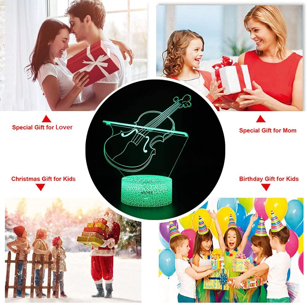 Eine grüne 3D-Violinenlampe in der Mitte, umgeben von Bildern von Menschen mit Geschenken.