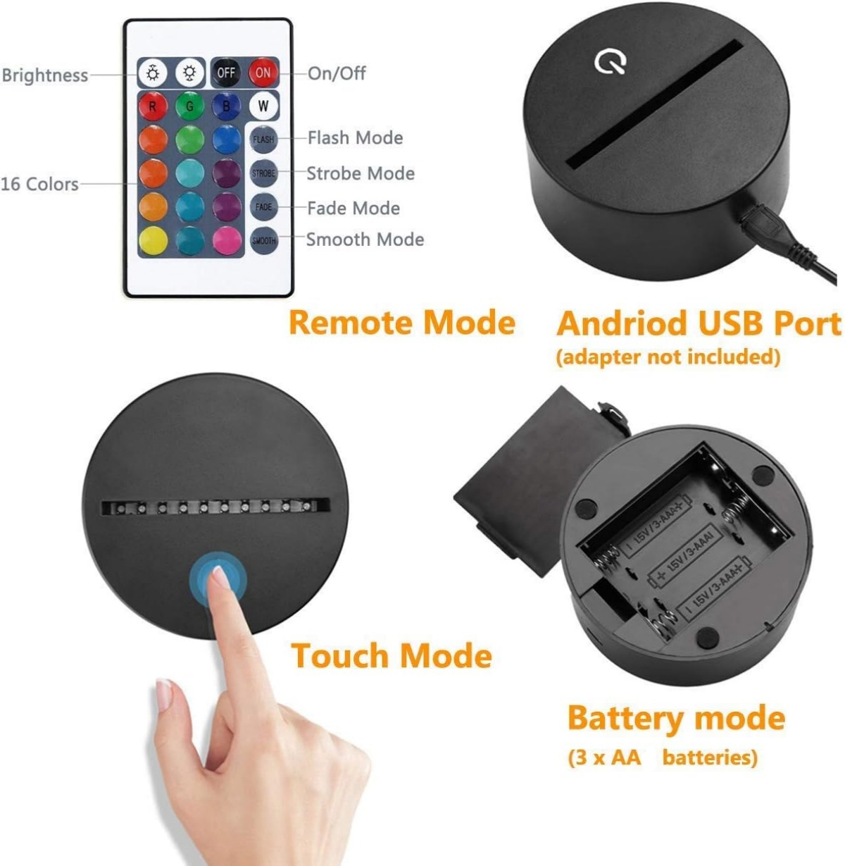 Eine Fernbedienung, ein USB-Port, ein Touch-Modus und ein Batteriefach für eine Lampe.