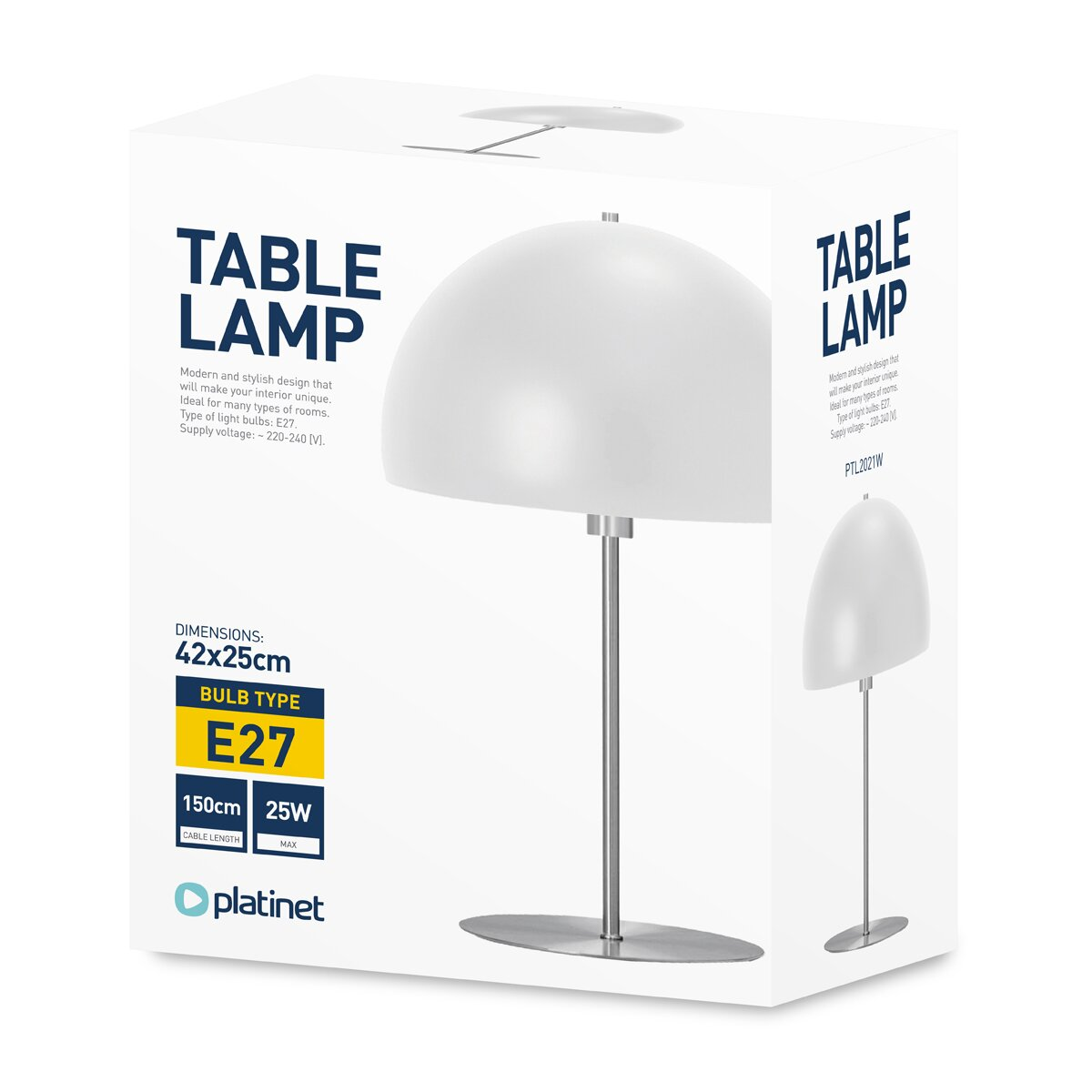 Eine weiße Produktverpackung für eine Platinet Tischlampe mit blau-gelbem Text und technischen Daten.