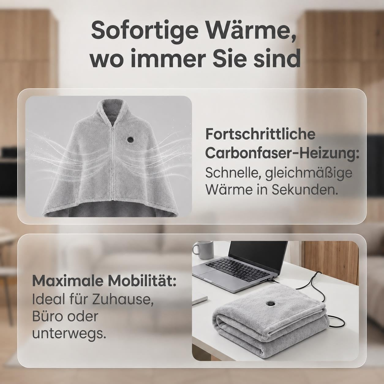 Werbung für ein beheizbares, graues Fleece-Kleidungsstück und eine Decke mit Kohlefaser-Heizung.
