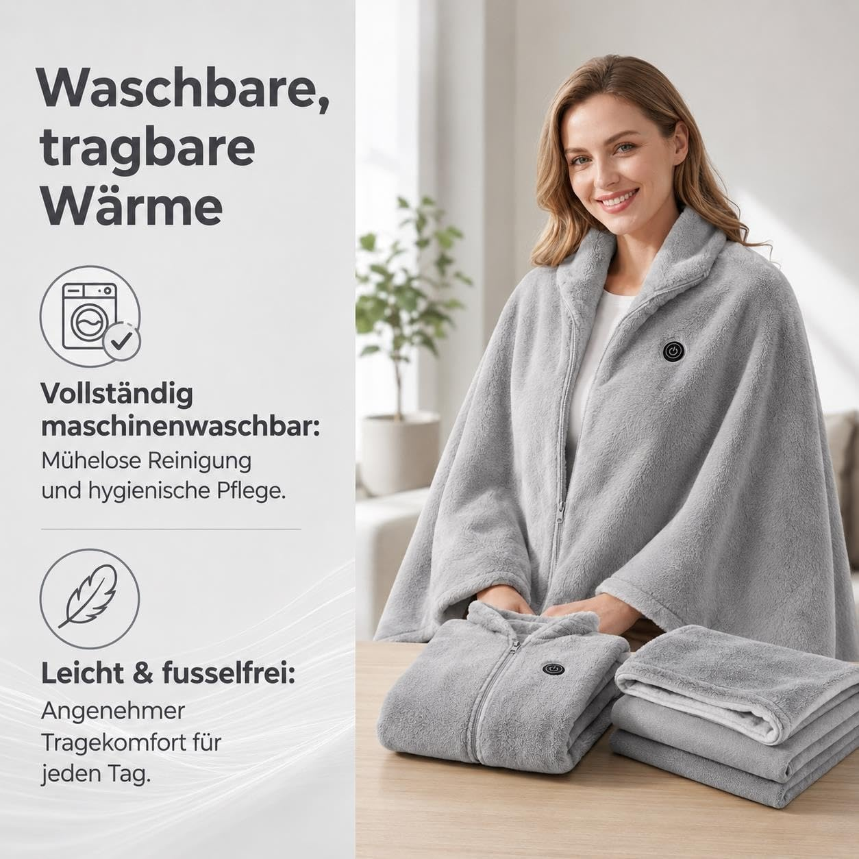 Eine lächelnde Frau in grauem beheizbarem Fleeceduve mit deutschem Text und Symbolen.