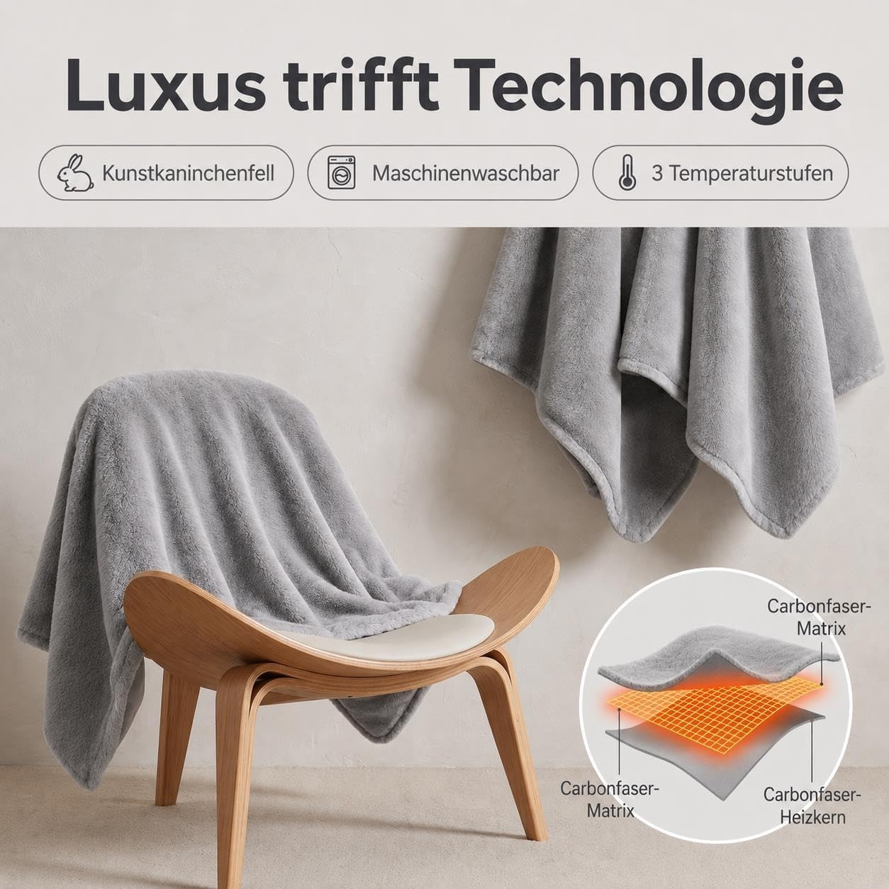 Luxuriöse, graue Heizdecke auf einem Holzstuhl mit Icons für Eigenschaften und einer Schnittdarstellung der Schichten.