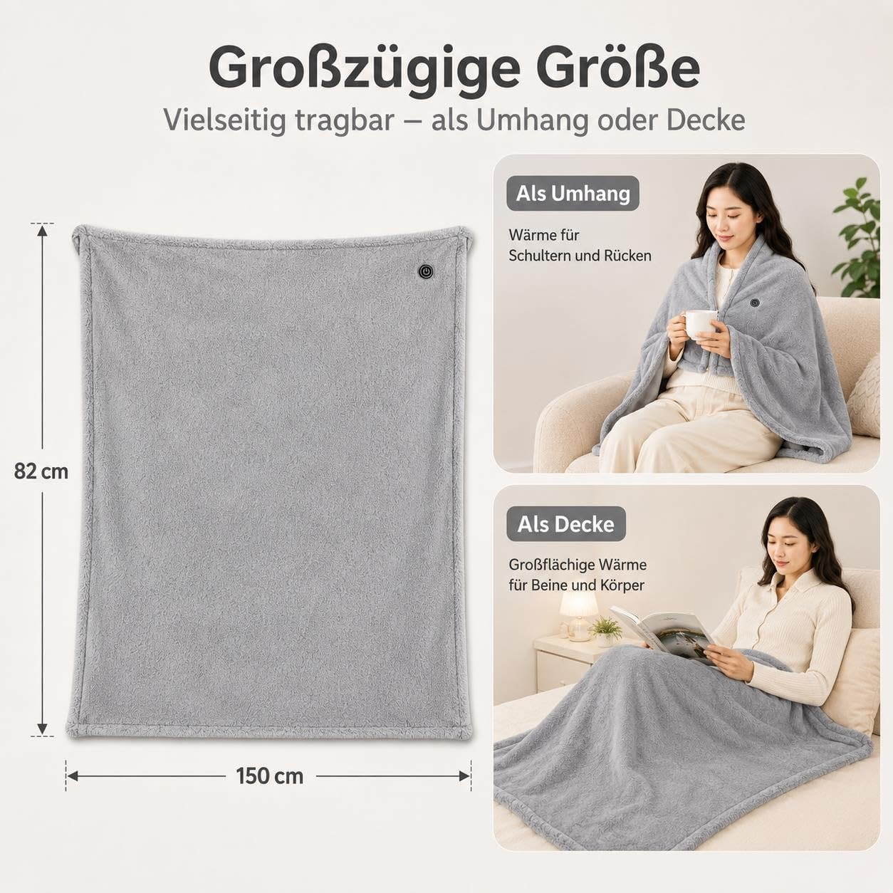Graue Heizdecke, 150x82 cm, als Umhang oder Decke nutzbar.