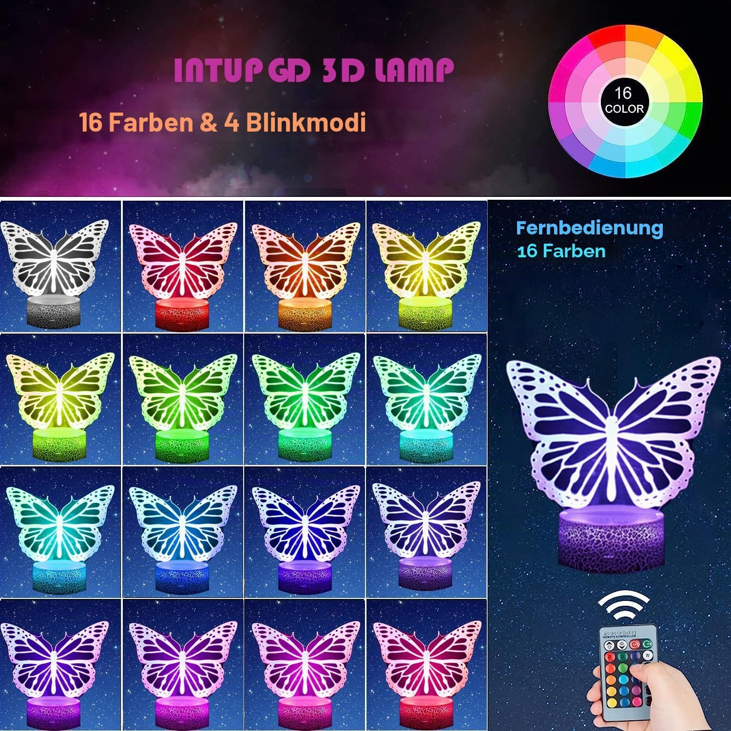 Eine 3D-Schmetterlingslampe mit 16 Farben und Fernbedienung.