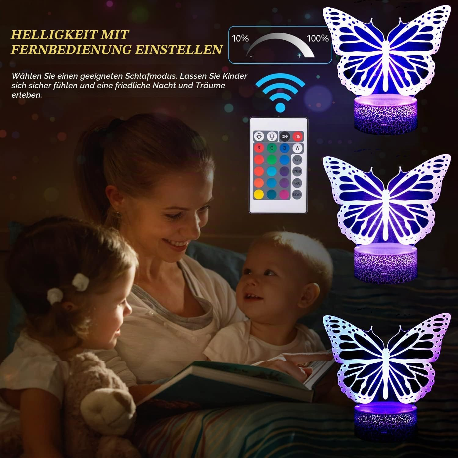 Mutter liest Kindern im Bett vor, neben drei Leuchten in Schmetterlingsform und einer Fernbedienung.