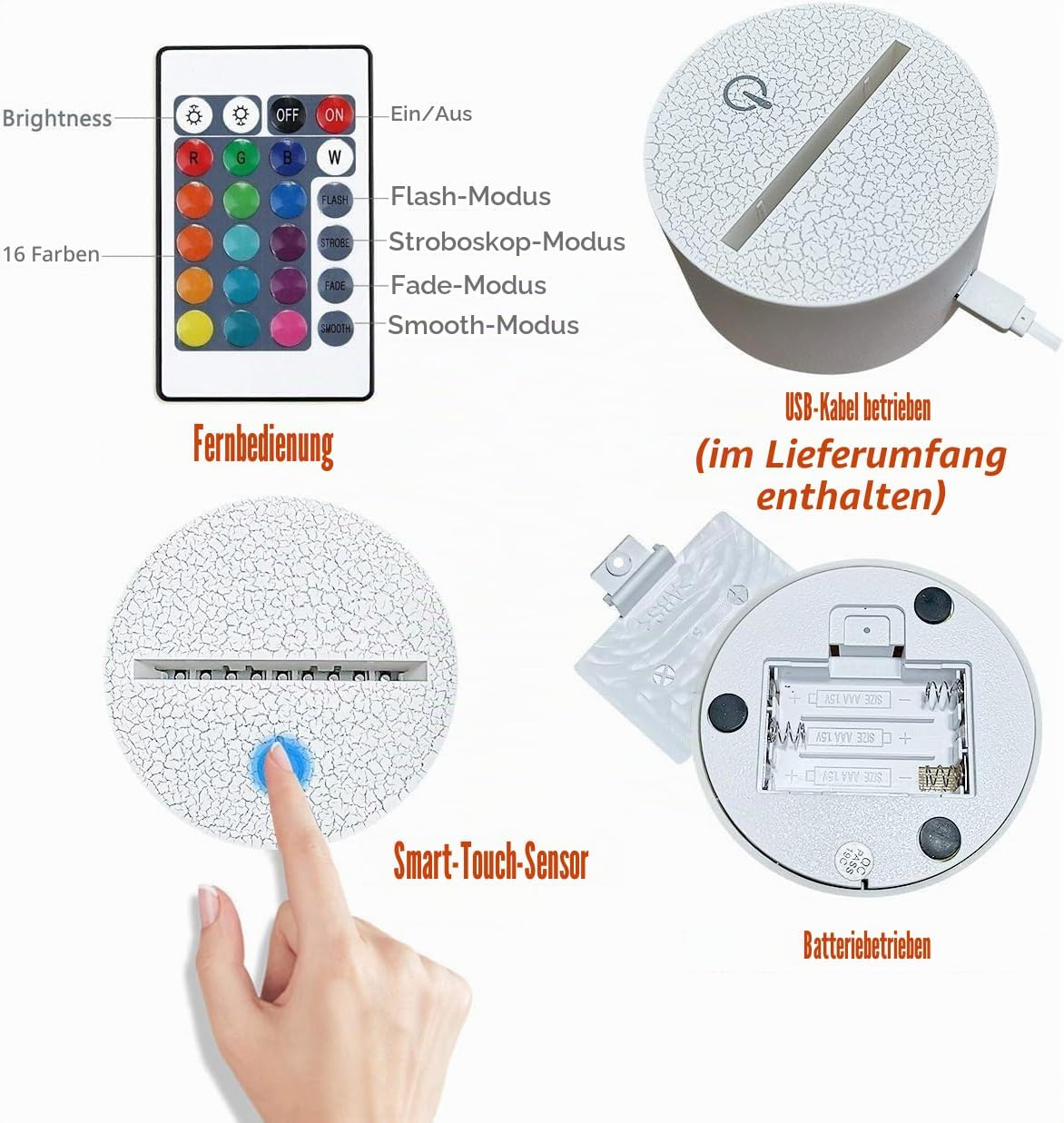 Eine runde weiße Lampenbasis mit Fernbedienung, USB-Kabel und Touch-Sensor.