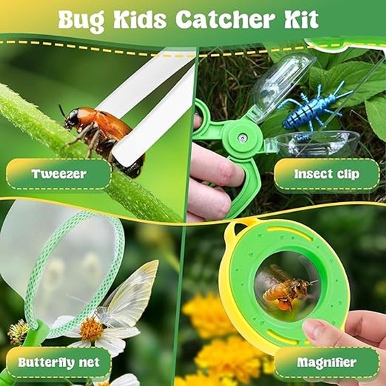 Ein Insektenfänger-Set für Kinder mit Pinzette, Insektenklammer, Schmetterlingskescher und Lupe.