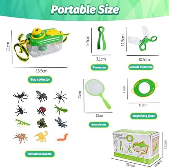 Eine Grafik zeigt tragbare Insektenfang-Sets mit Größen, Insektensammler, Werkzeugen und Plastikinsekten.