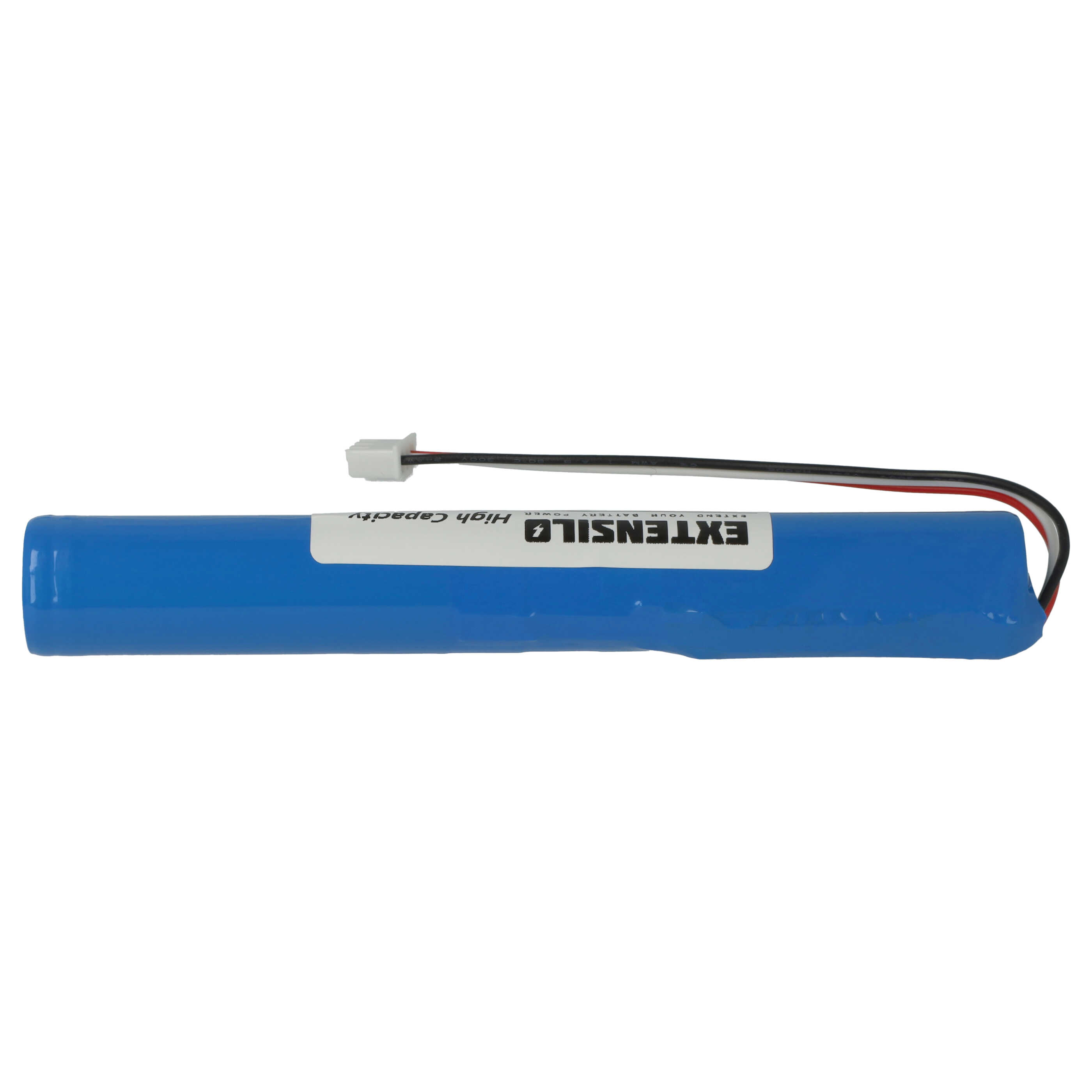 Eine lange blaue zylindrische Batterie mit weißem Etikett und einem schwarzen, roten und weißen Kabel mit Stecker.